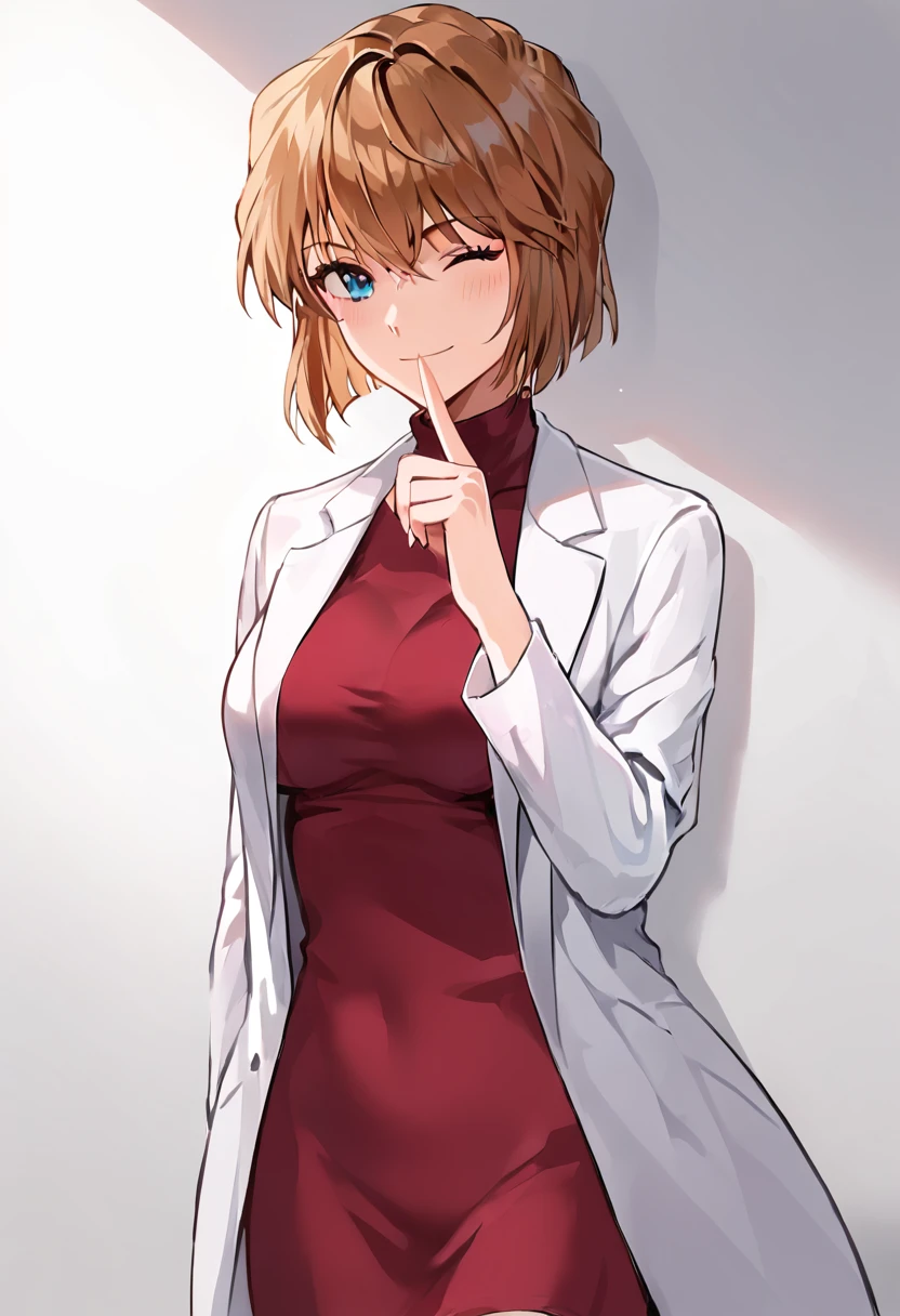 miyano_shiho, brown hair, blue eyes, short hair,  medium breasts,labcoat, red dress, dress, 
BREAK
indoor, school infirmary background, day
BREAK
cowboy shot, looking at viewer, standing,closed mouth, sexy smile, flirty, shushing, finger near nose, one eye closed,
BREAK
score_9, score_8_up, score_7_up, source_anime ,zPDXL, <lora:Miyano_Shiho:0.8>