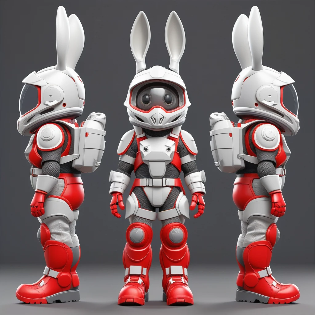 FRESHIDEAS Cartoon three views armor glowing grey background *** helmet machinery mecha no humans power armor rabbit ears realistic red footwear redesign retro artstyle science fiction standing weapon 2D character concept design full body looking at the audience standing (three views: 1.9 i.e. front: 1.5 side: 1.5 back: 1.5 ) head-to-body ratio 1:3 clean background highest quality masterpiece meticulous details.,