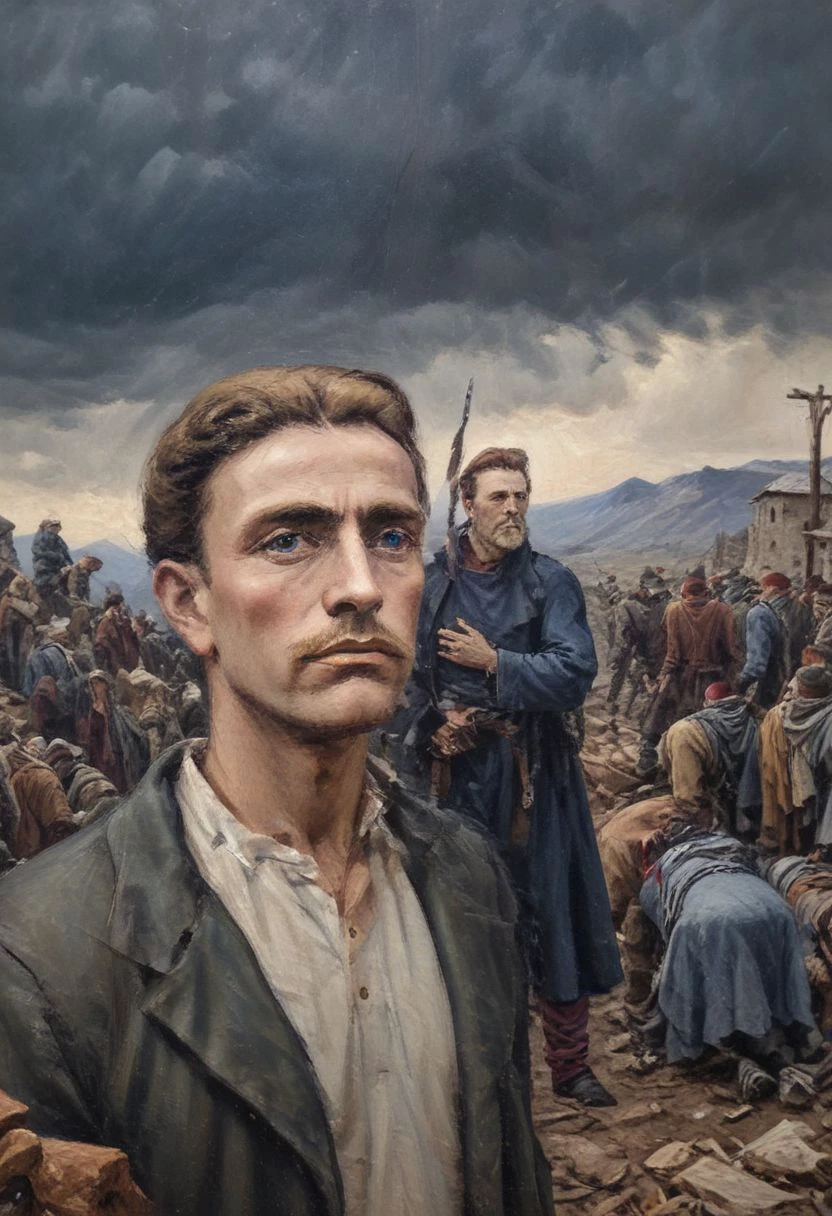 Dramatic and realistic high quality and ultra high resolution image of Vasil Levski in front of the gallows accompanied by Ottoman soldiers, correct anatomy, correct anatomy of arms and legs Vasil Levski: Tall, slender man with a beard and moustache. Dressed in dark clothing, draped with (the yamurluk is a thick woolen outer garment) a folk costume to protect against the cold and rain characteristic of the era (1860s). He radiates courage and determination, but at the same time he is aware of his destiny. hand and foot shackles. (The gallows): (A wooden structure erected in a field near Sofia.) A crowd of people has gathered around it, watching in silence. Their faces are sad, dejected. Some of them may cry or mumble. In the background you can see churches, mosques or other buildings from the era. Atmosphere: dramatic, sad, hard winter, cold weather, stormy wind, dark and gloomy, The air is filled with tension and sorrow, sadness. The sun is setting, casting long shadows. a heavenly ray of light through the clouds falls on Levski, symbolizing his faith and martyrdom. A mountain or other symbol of freedom must be visible behind the gallows. wolves in the distance, children crying, resistance