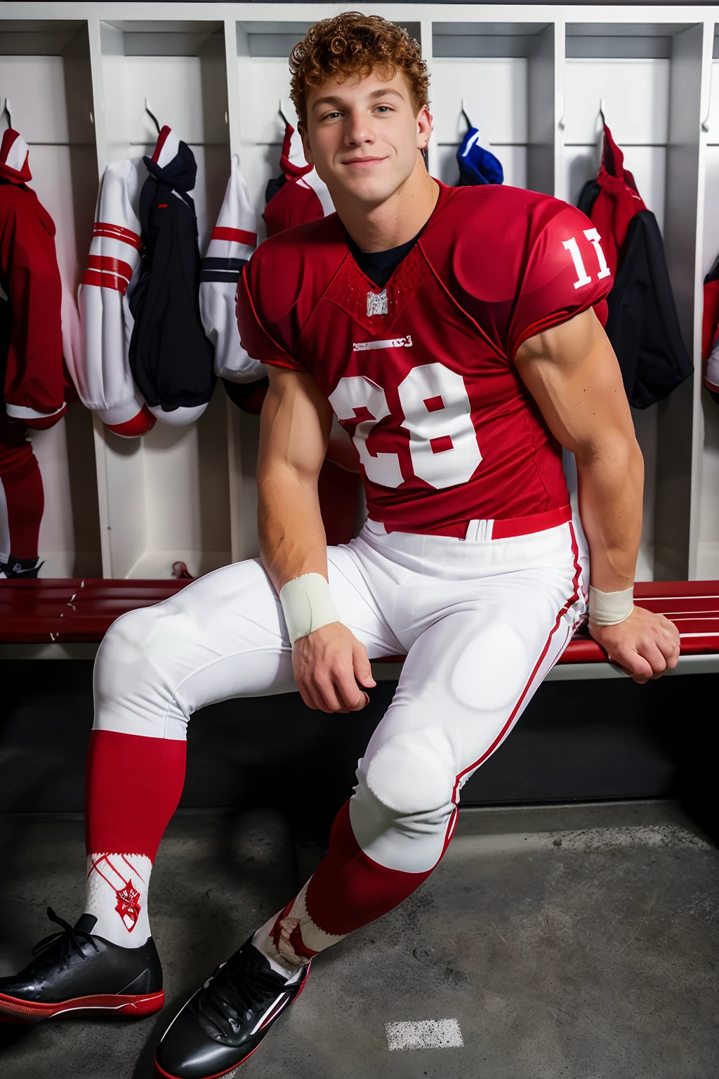 locker room, sitting on a bench, in front of lockers, slightly smiling, FelixFox is an (American football player), wearing (football uniform:1.3), (carmine red jersey:1.3), carmine red (shoulder pads), jersey number 14, (white football pants:1.4), (carmine red socks:1.3), long socks, (black sneakers:1.3), (((full body portrait))), wide angle <lora:FelixFox:0.8>