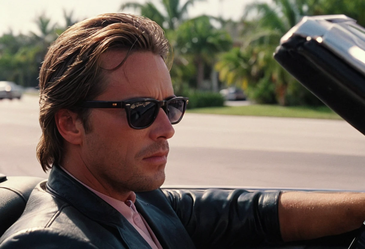 cinematic film still Sonny Crockett, shades, MiamiVice, driving, sportscar . shallow depth of field, vignette, highly detailed, high budget, bokeh, cinemascope, moody, epic, gorgeous, film grain, grainy