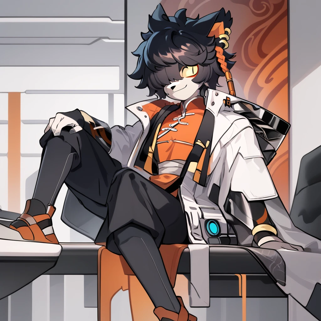 score_9, anime, detailed, soft lighting, 1boy, laboratory office, solo anthro male aakarknights, black hair, bangs, hair over one eye, earrings, orange single braid, yellow sclera, slit pupils, black pants, white coat, white sash. chinese clothes, orange vest, looking at viewer, smiling, sitting on chair, smug<lora:EMS-404892-EMS:1.000000>, <lora:EMS-355684-EMS:0.800000>