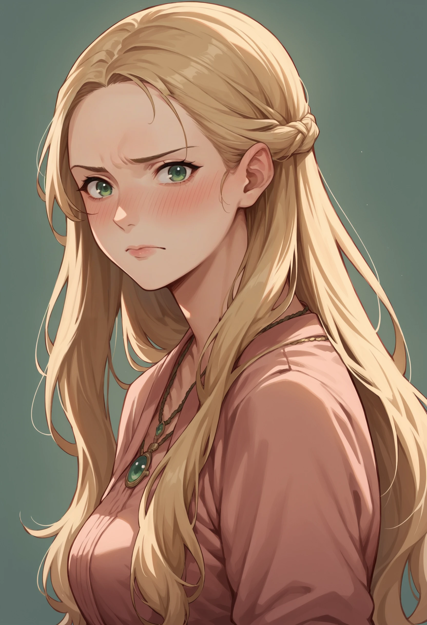 score_9, score_8_up, score_8, source_anime, 1girl, <lora:CerseiLannister_r1:0.95> solo, medium breasts, long hair, blonde hair, green eyes, dress, upper body, embarrased, blush, looking at viewer, necklace, from side,
light blue background, simple background,