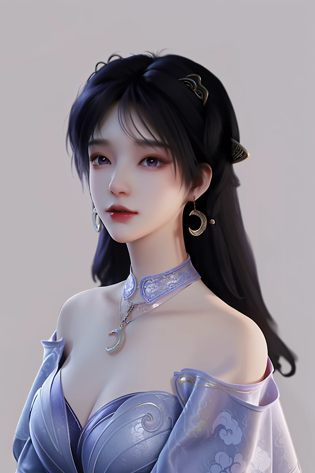 <lora:JiZiyue:1>,jiziyue,1girl,solo,jewelry,earrings,black hair,long hair,realistic,crescent,breasts,crescent earrings,dress,necklace,bare shoulders,lips,upper body,looking at viewer,simple background,cleavage,lavender background,