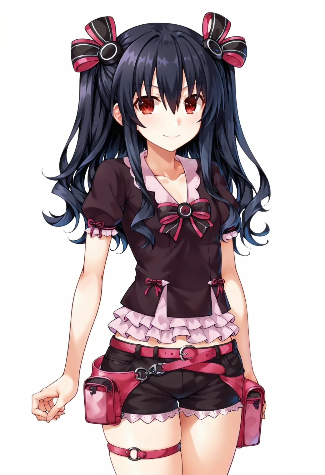 score_9, score_7_up, hd, (ultra hd quality details), white background,
solo, 1girl, uninpbase, red eyes, black hair, two-side up, hair between eyes, hair ornament,
pnblsclothes, casual, pink bow, black shirt, collarbone, puffy short sleeves, short shorts, black shorts, frills, thigh strap, pink belt, belt poach,
looking at viewer, smile,
standing,
<lora:_uni-neptunia-elesico-pony_r1:1>