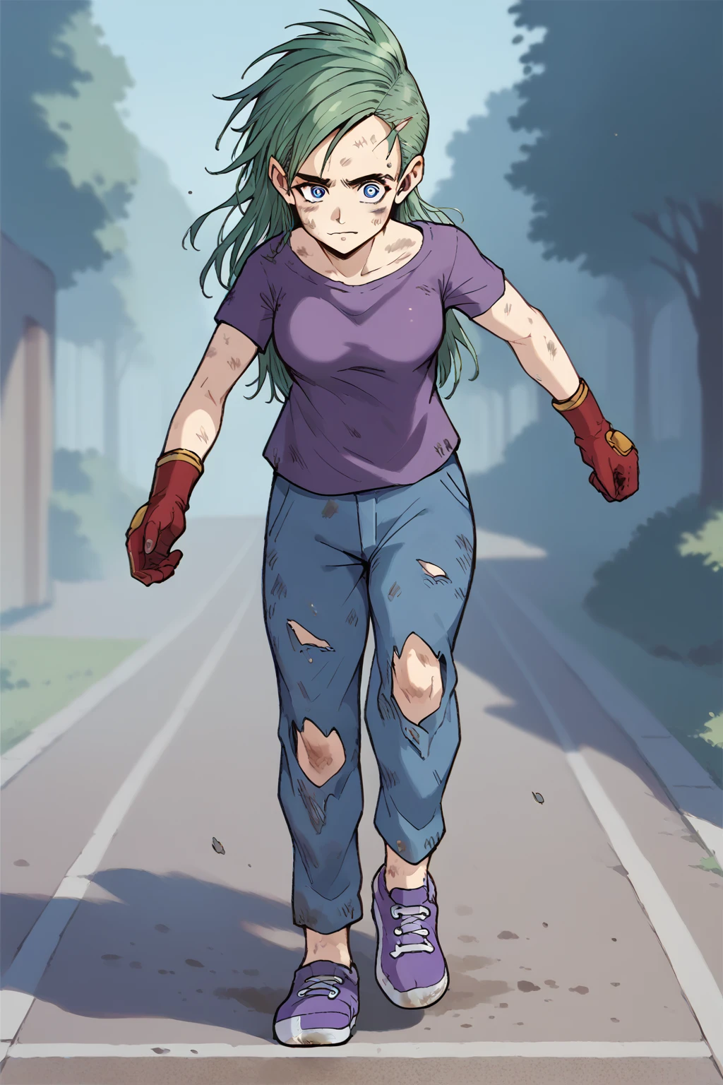 (score_9,score_8_up, score_7_up:1.1), source_anime,rating_safe, (Xkinerax:1.1), (running:1.0), frontal perspective, long wide jean pants with tears at the knees, big purple sneakers, purple t-shirt, dirty ,beautiful face, Red gloves with yellow details, elbows, panic face,blue eyes<lora:EMS-405310-EMS:1.000000>