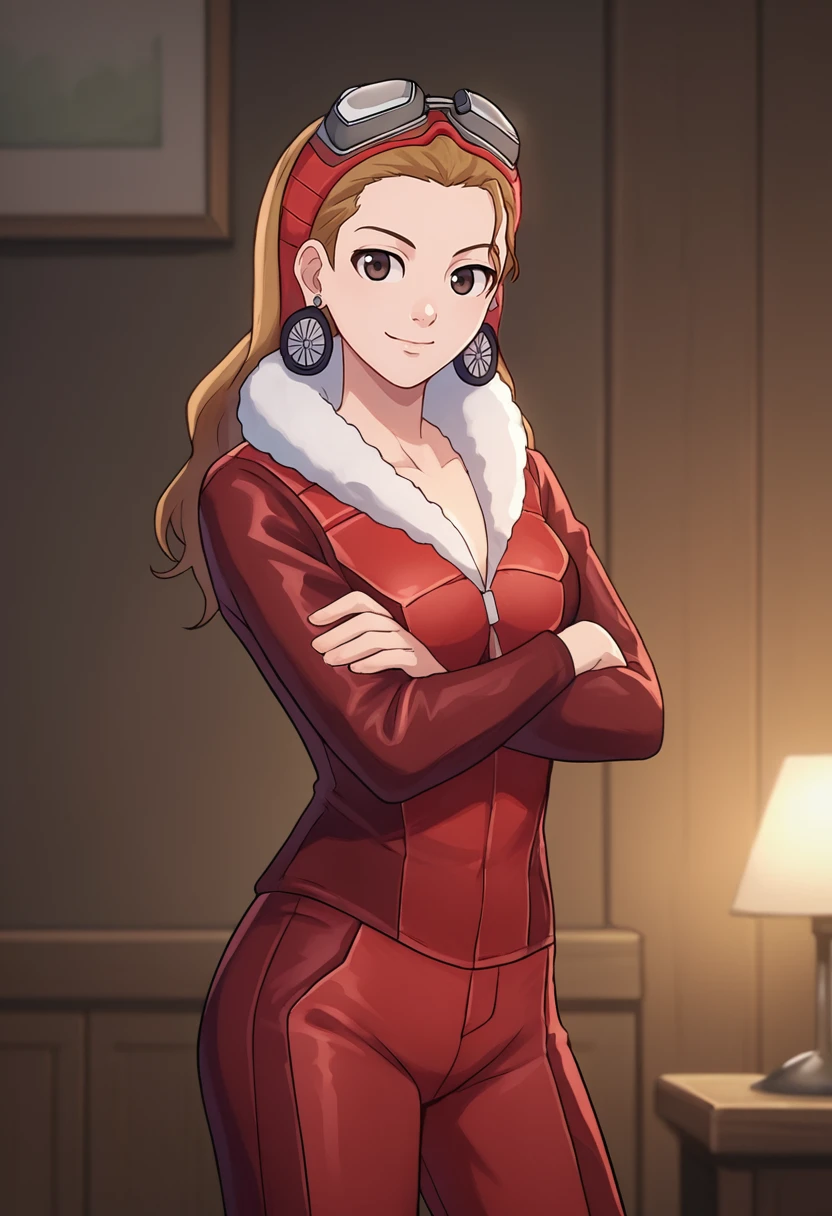 score_9, score_8_up, score_7_up, source_anime, cowboy shot, solo, 1girl, desiree delite, smile, looking at viewer, crossed arms, goggles on head, brown eyes, fur trim, biker clothes, red bodysuit, earrings, indoors <lora:aa_desireedelite_ponyXL:1>