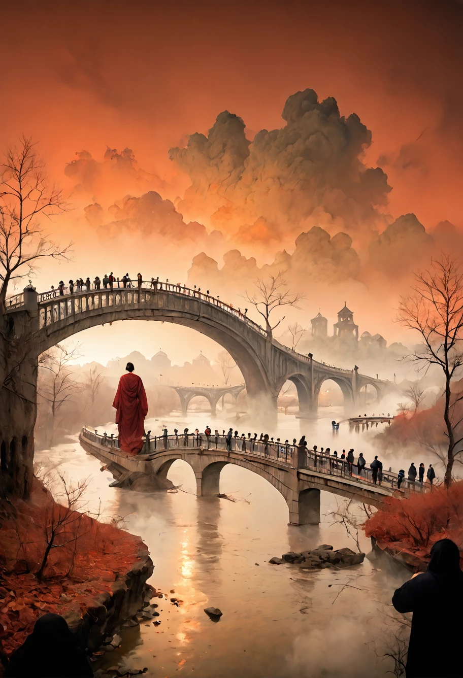 score_9,score_8_up,score_7_up,8k,,ruanyi0698,bridge,red sky,fog,river,horror theme,crowd,<lora:0698 Naihe Bridge_v1_pony:1>