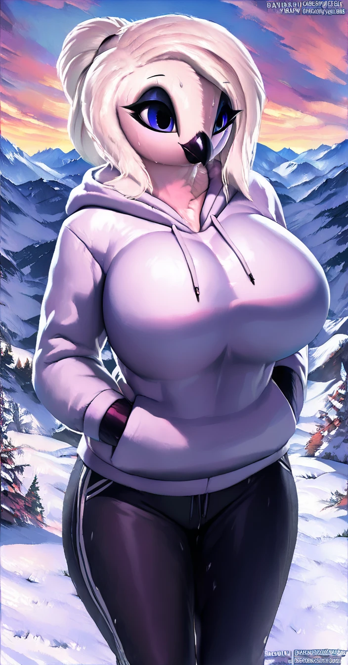 score_9, score_8_up, anthro, beak, big breasts, breasts, female, hair, makeup, white hair, zygodactyl, avian, bird, owl, snowy owl, true owl, 2022, colored, (winter, snow, mountain, ), (hoodie, sweat pants, hands in both pockets,  ) <lora:Vivian_Rose:1>