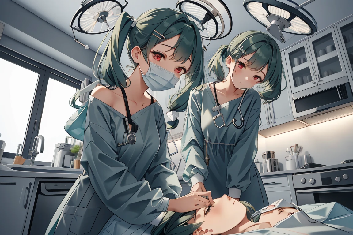 (RAW photo, best quality,facing the viewer,from front), operating room, overhead surgical light,blurred background, focused, dithering,backlighting,
 <lora:CM_Scene_Surgery_Homemade_V2.0-000007:0.85> scene_homemadesurg, surgical mask, multiple girls, intravenous drip, doctor,
 <lora:Clare Sniders:0.7>clare sniders, oc ch9, 1girl, hair ornament, red eyes, twintails, hairclip, swept bangs, hair over shoulder, dark green hair, medium hair, small breasts, sidelocks,