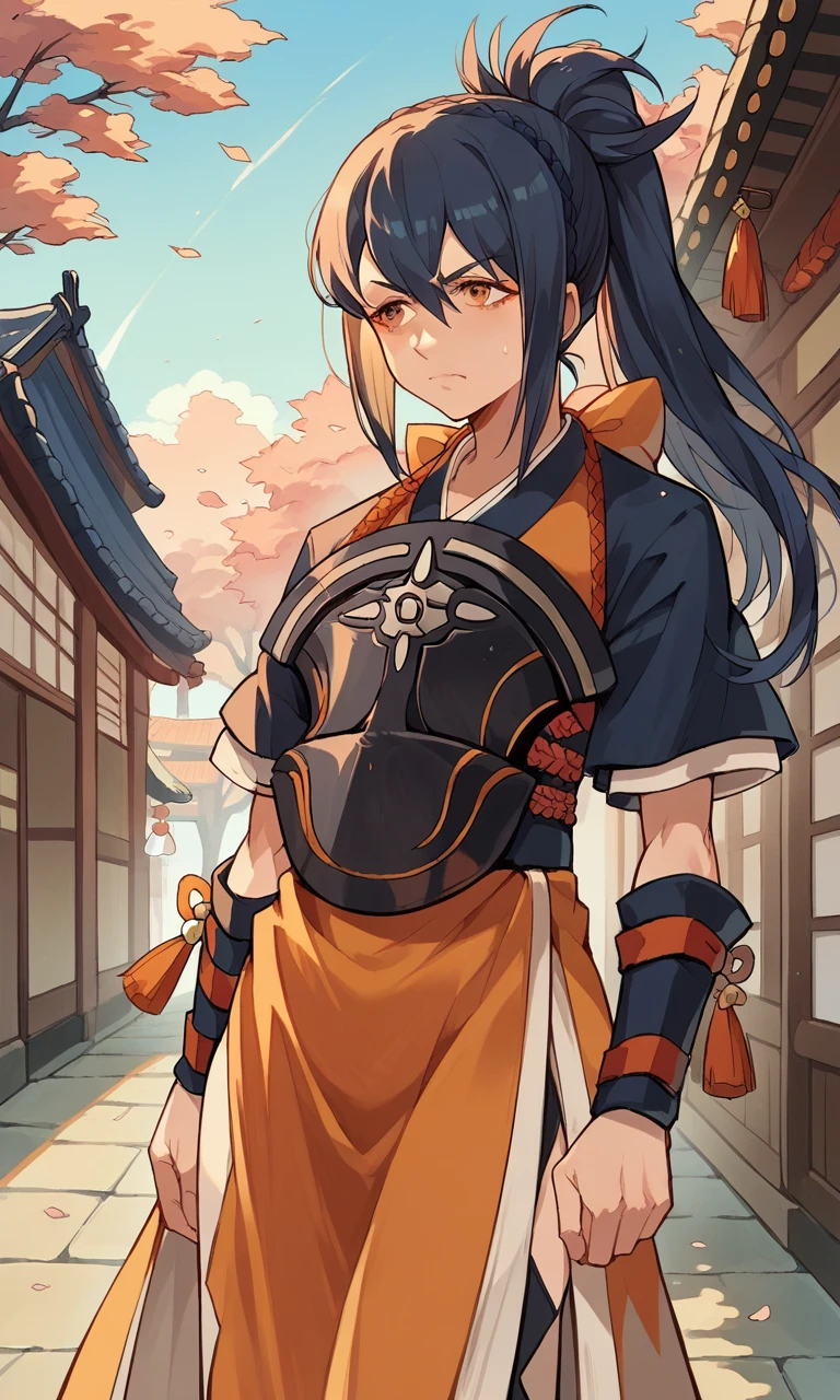 score_9, score_8_up, score_7_up, source_anime BREAK, 1girl, solo, oboro, ponytail, armor, Japanese clothes, Japanese village