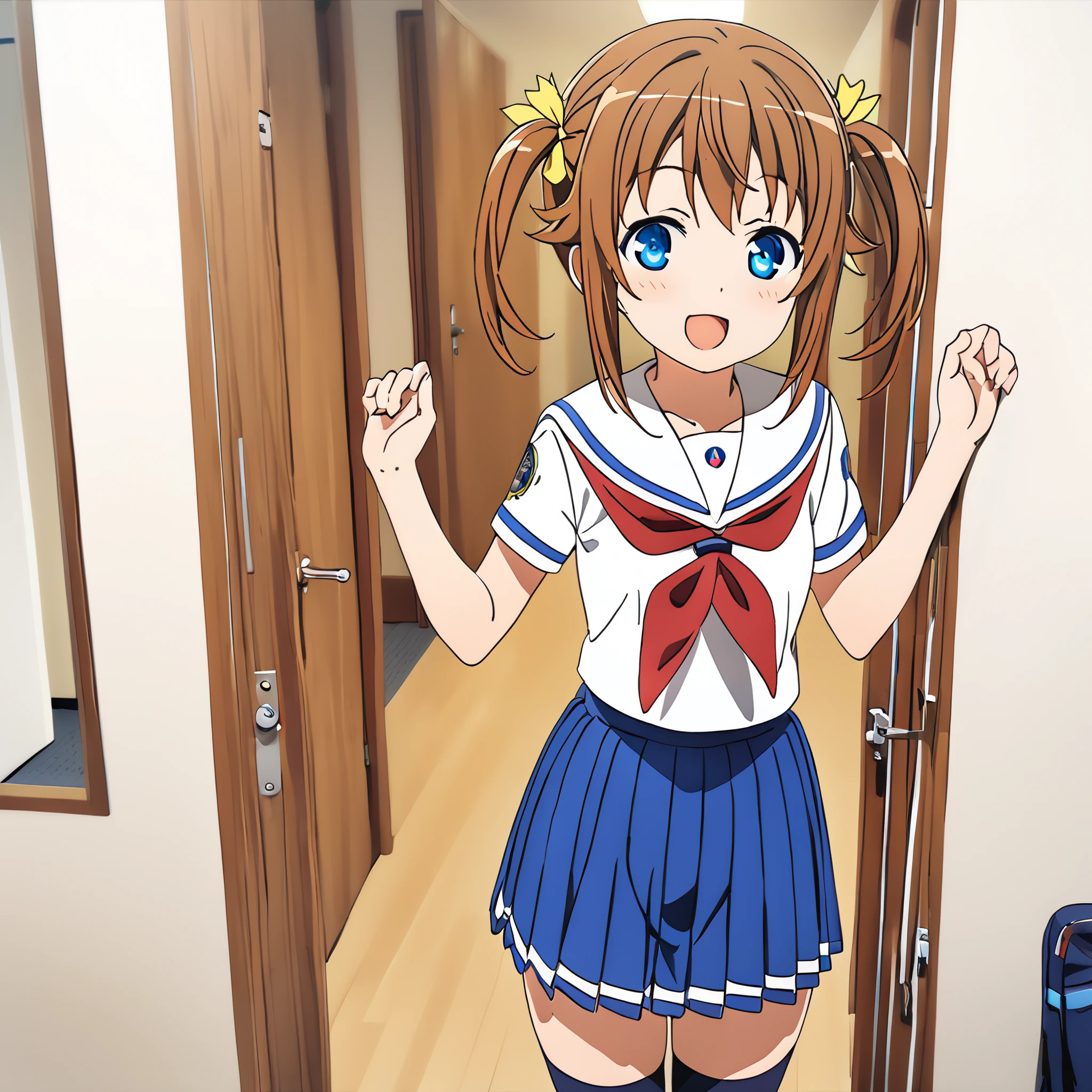 highest quality,masterpiece,8k,((((1girl)))),small breasts,((((,loli)))),orgblush,sweat,takamachi nanoha,((school uniform)),short hair,twintail,hair ribbon,((mini skirt,lift skirt,upskirt,white thighhighs,white panties:1.1)),classroom