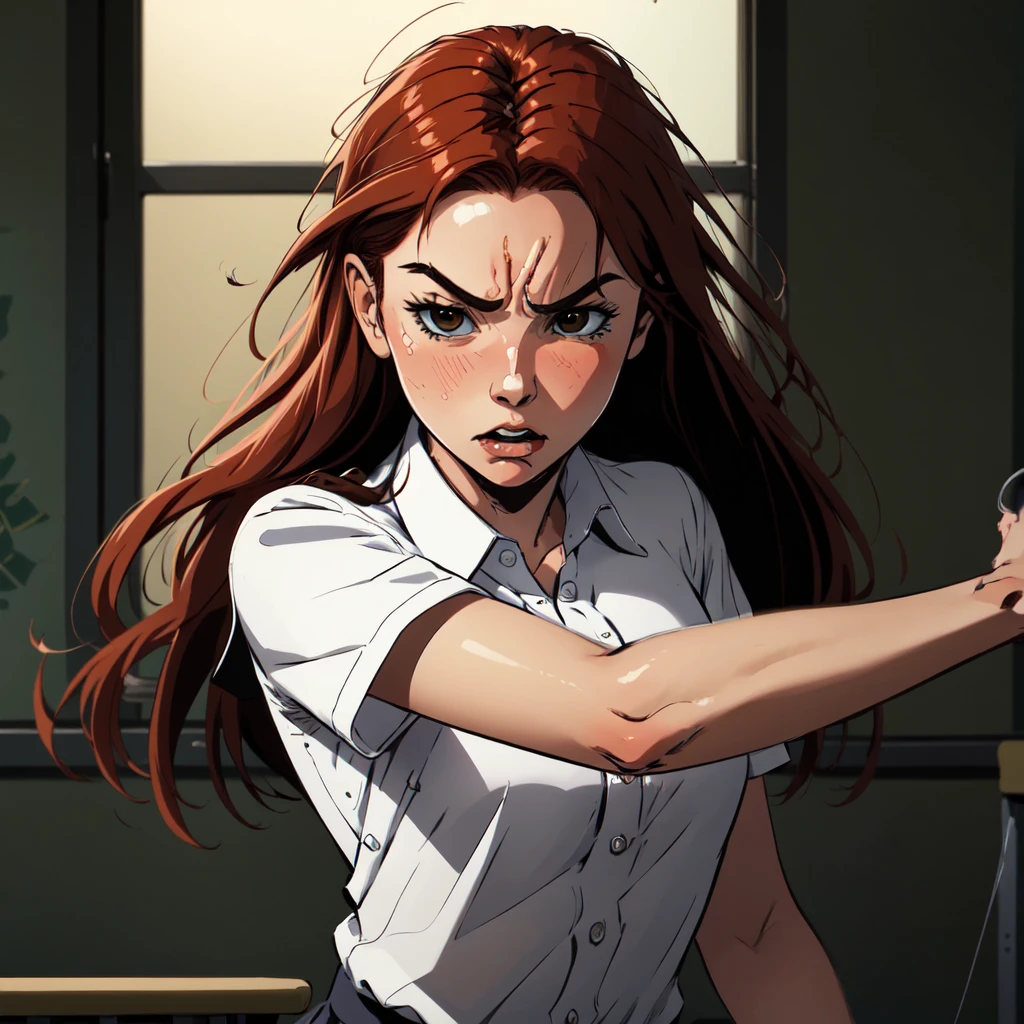 masterpiece, best quality,
comic, cartoon,
long hair, ginger, orange hair,
<lora:gostlapped.sd15.v2:0.7>
(gostlapped), (angry:0.8), 1girl, indoors, school uniform, white shirt, collared shirt, motion lines,
motion blur,