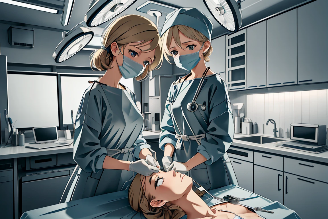 (RAW photo, best quality,facing the viewer,from front), operating room, overhead surgical light,blurred background, focused, dithering,backlighting,
 <lora:CM_Scene_Surgery_Homemade_V2.0-000007:0.85> scene_homemadesurg, surgical mask, multiple girls, intravenous drip, doctor,
<lora:Sayuri_Brooks_V1.0:0.8> sayuri brooks, 1girl, solo, anime coloring,blonde hair, red eyes,