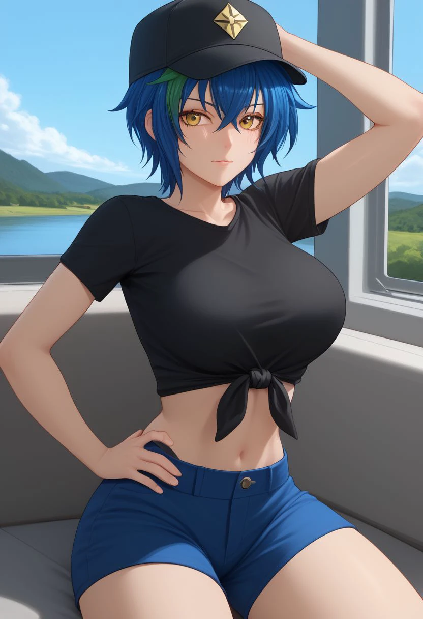 Masterpiece, best quality, high quality, highres, 4k, detailed face, perfecteyes, Expressiveh, xenovia quarta, blue hair, green streak, short hair, yellow eyes, large breasts, long eyelashes, Tied shirt, midriff, Shorts, backwords ball cap, lake, boat dock, hands on hips, toned,