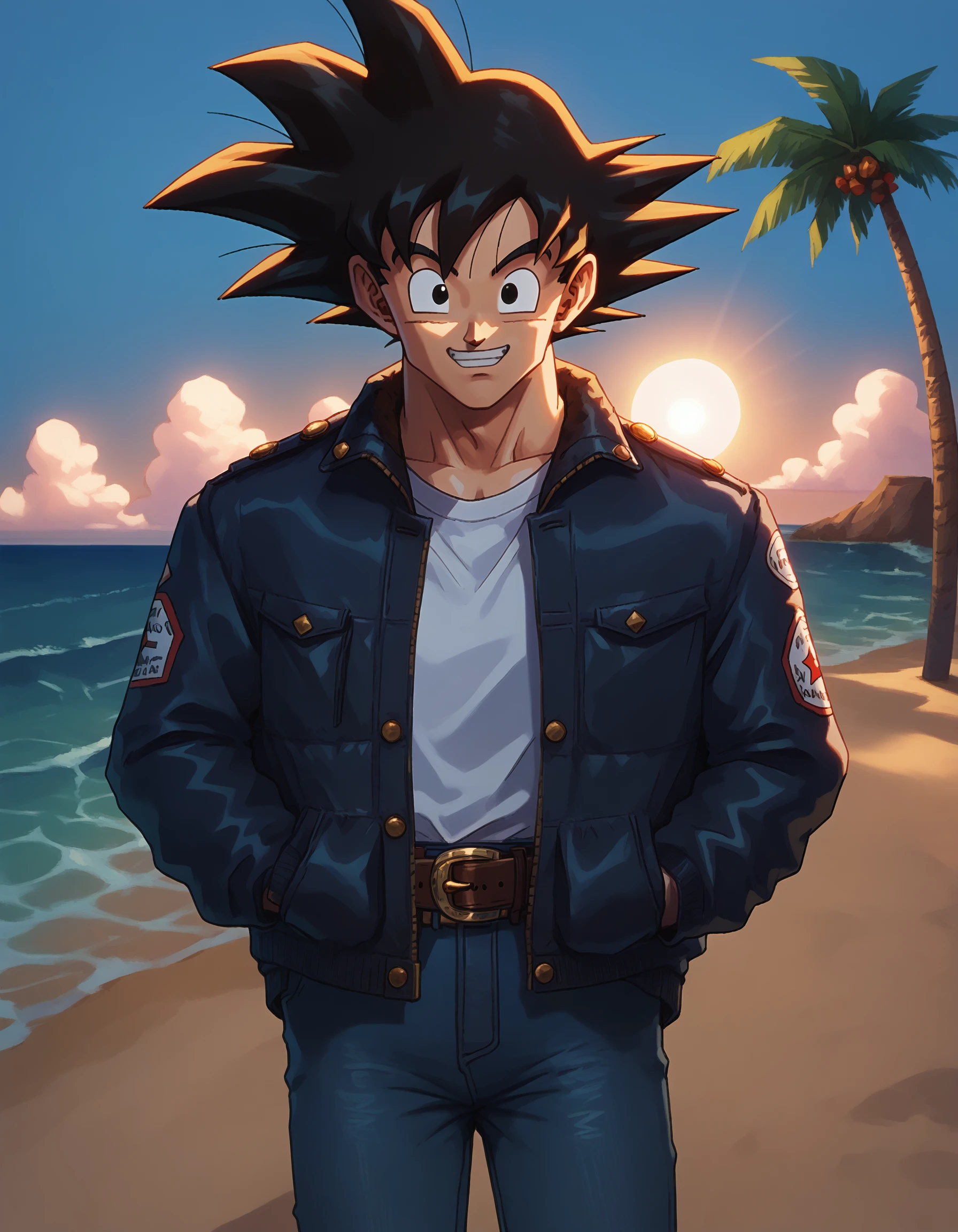 score_9, score_8_up, score_7_up,
gokuxl, solo,1boy,   looking at viewer,
happy,  standing,  beach,palm tree, white shirt, sun, waves, jeans, jacket, belt,
<lora:gokuxl-000004:0.9>,   <lora:add-detail-xl:-1.5>, <lora:Smooth Anime 2 Style SDXL_LoRA_Pony Diffusion V6 XL:0.7>