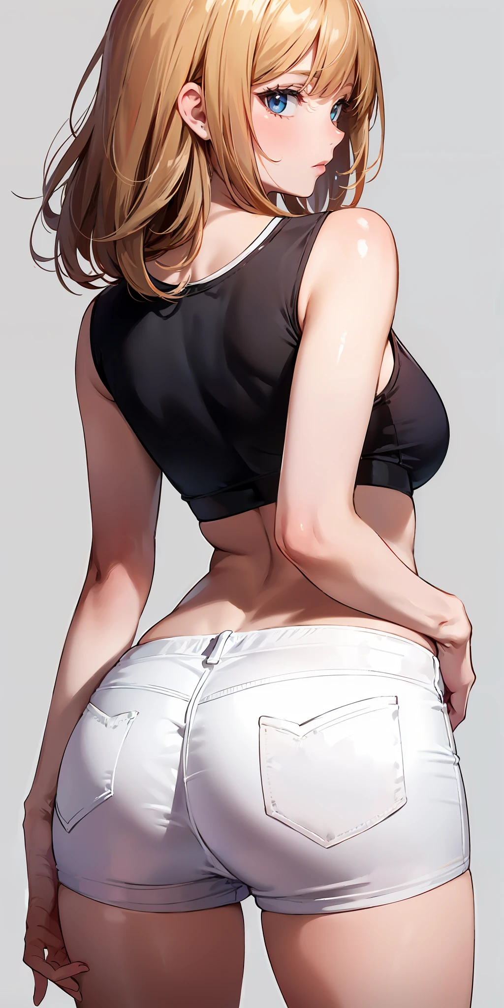 masterpiece,ultra-detailed,best quality,8K,illustration,cute face,clean skin ,shiny hair,
girl,simple background,cowboy shot,  <lora:hotpants_SD_V1.0:0.5> hotpants,ass,from behind