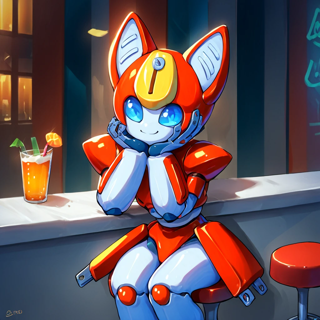 score_9, score_8_up, score_7_up, score_6_up, score_5_up, score_4_up, source_anime,  peppercat, robot, city, sitting, bar, smile, head rest