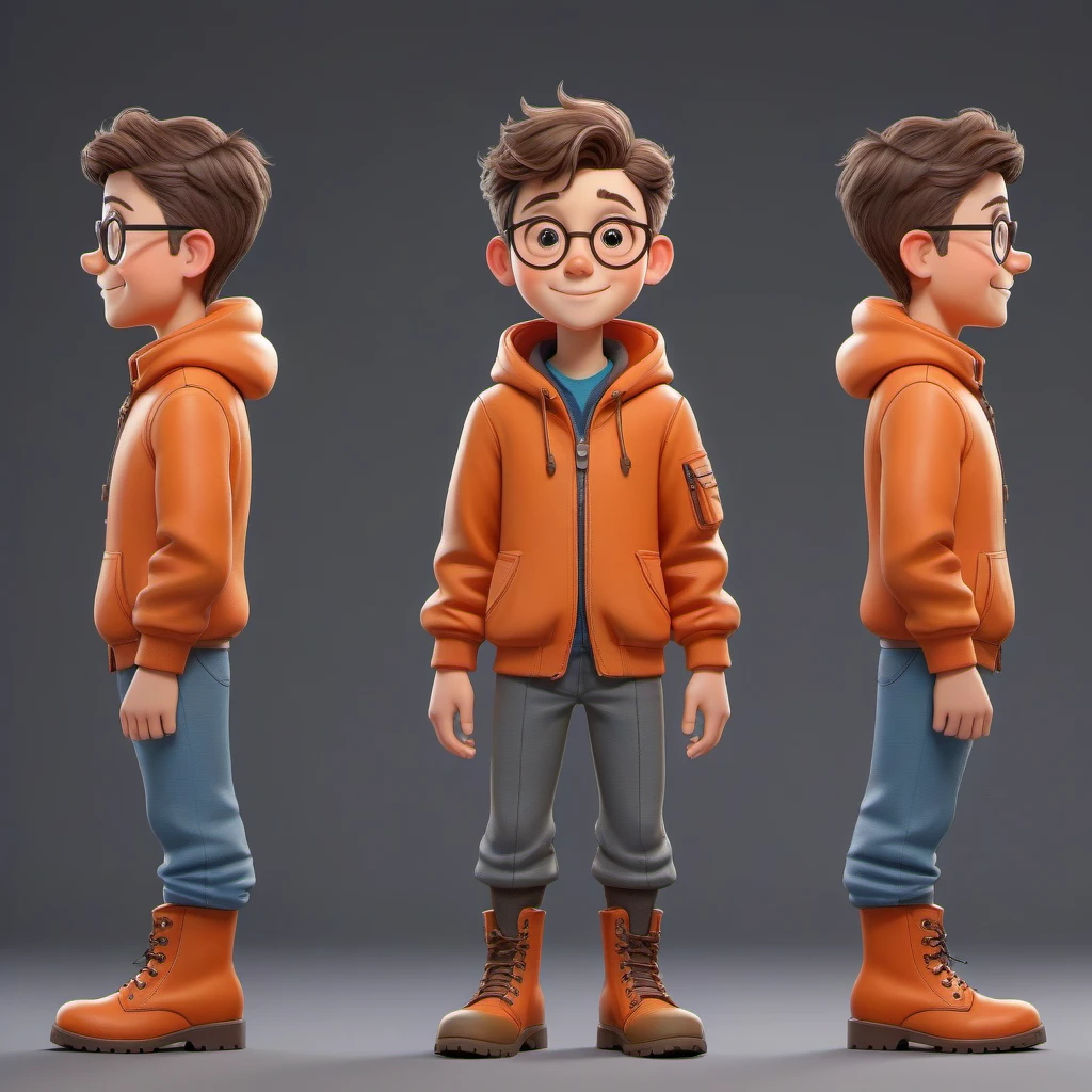 FRESHIDEAS cartoon three views: the boy wearing glasses,wearing boots,coat,jacket,freckles on the face,wearing an orange jacket and smiling standing,staring at the audience. The cartoon should be presented in a three-view format (front, side, back) with an overall scale of 1.9,where each view (front, side, back) has a scale of 1.5. The head-to-body ratio shall be 1:3 The background should be concise,the overall quality should be the highest,and the details should be refined to show the masterpiece level. This is a 2D character concept design,showing the full body image of the character.,