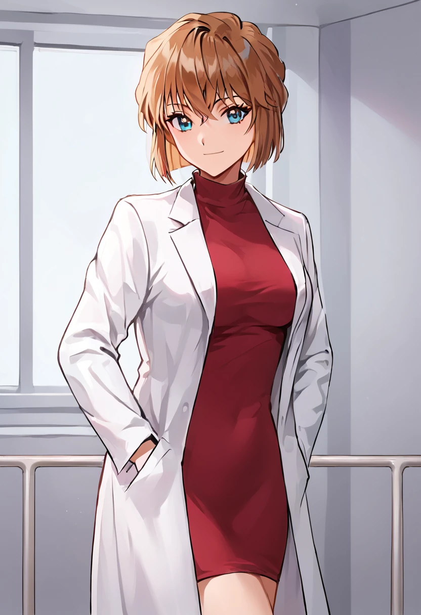 miyano_shiho, brown hair, blue eyes, short hair,  medium breasts,labcoat, red dress, dress, 
BREAK
indoors, hospital background, day
BREAK
cowboy shot, looking at viewer, standing,closed mouth, sexy smile, flirty, hands on pocket
BREAK
score_9, score_8_up, score_7_up, source_anime ,zPDXL, <lora:Miyano_Shiho:0.8>