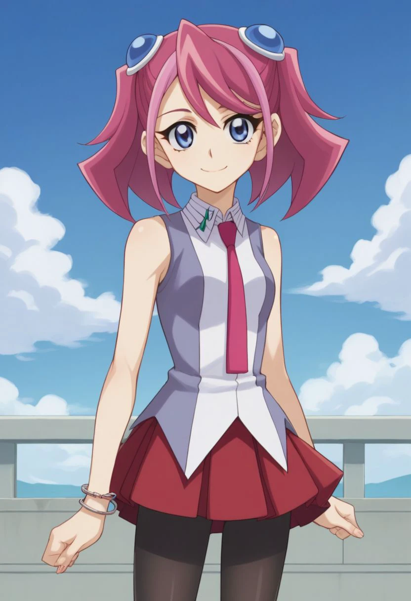 score_9, score_8_up, score_7_up, source_anime, highly detailed, 
zuzu, 1girl, solo, blue eyes, pink hair, pantyhose, bracelet, jewelry, necktie, multicolored hair, two-tone hair, smile, skirt, sleeveless, twintails, school uniform,
outdoor, blue sky, clouds,