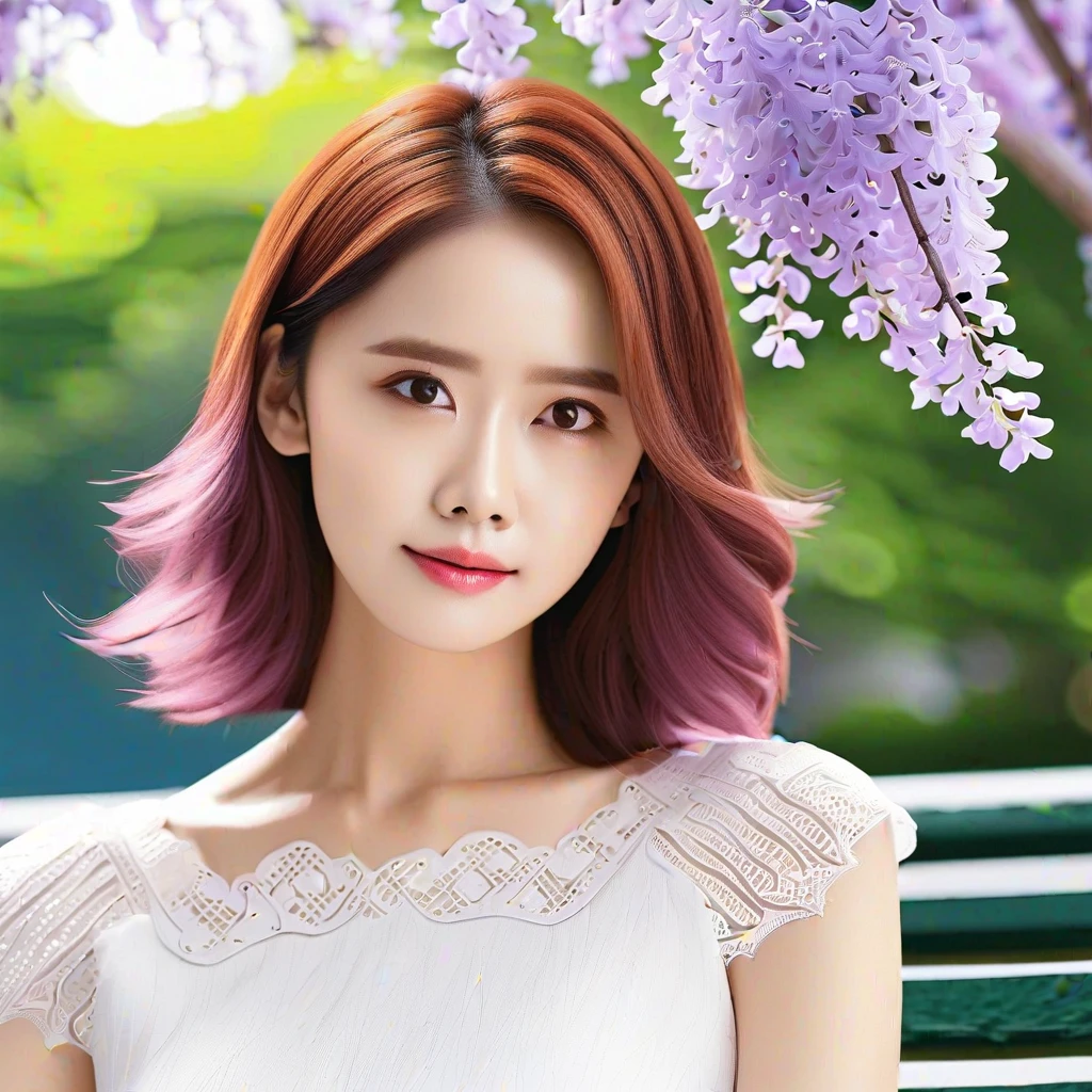 yoona, 1girl, best quality, photorealistic, 8k, high res, full color, 20 years old woman, (closed mouth:1.2), (skindentation), (portrait:0.6), wisteria tree, park bench, daylight, (park background:1.2), full color, ((dress white:1.2)), looking at viewer:1.3, (1girl eyes looking at viewer:1.3), detailed eyes, detailed iris, beautiful face, (medium-length hair, beautiful hair, (bokeh), highres