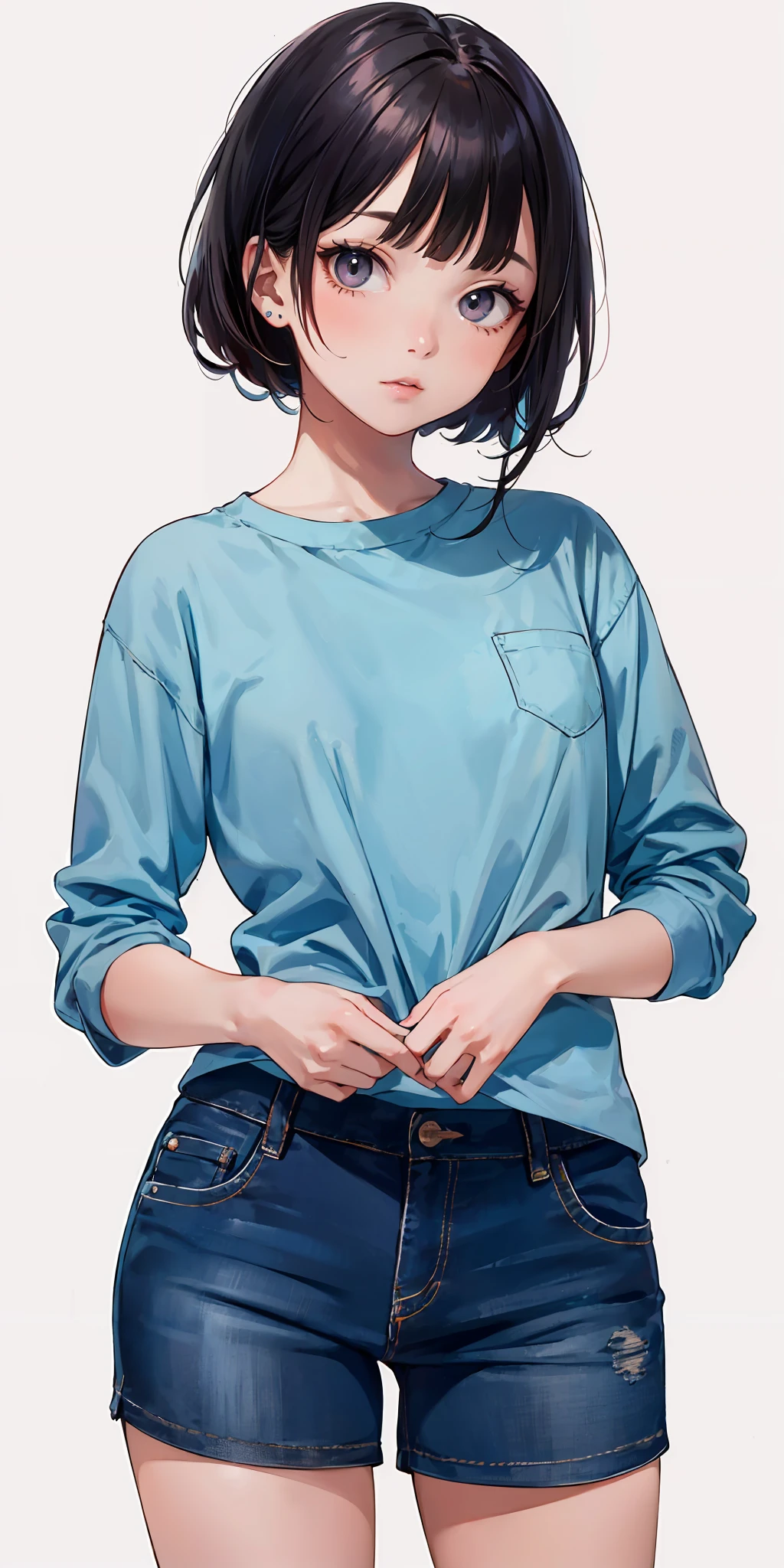 masterpiece,ultra-detailed,best quality,8K,illustration,cute face,clean skin ,shiny hair,
girl,simple background,cowboy shot,  <lora:hotpants_SD_V1.0:0.6> hotpants,shirt