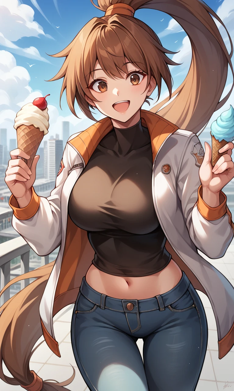 score_9, score_8_up, score_7_up, score_6_up, source_anime, BREAK masterpiece, StrikerDNF, high ponytail, brown eyes, orange hair-tie, white jacket, black shirt, breasts, midriff, jeans, cityscape, daylight, ice cream, open mouth, surprised, smile, holding ice cream,