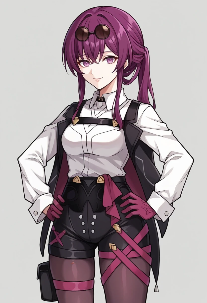 score_9, score_7_up BREAK ihavenoideawhokafkaisbutigotpeerpressured,  bangs, purple hair, purple eyes, eyewear on head, collared shirt, gloves, jacket, pantyhose, looking at viewer,light smile,asymmetrical legwear,single thigh boot,black shorts  <lora:kafkaGrantbyGRANT:1>, hands on hips
<lora:zs_FE9PortraitsXL:1> fe9portraits, solo, cowboy shot, simple background, 1girl, female focus