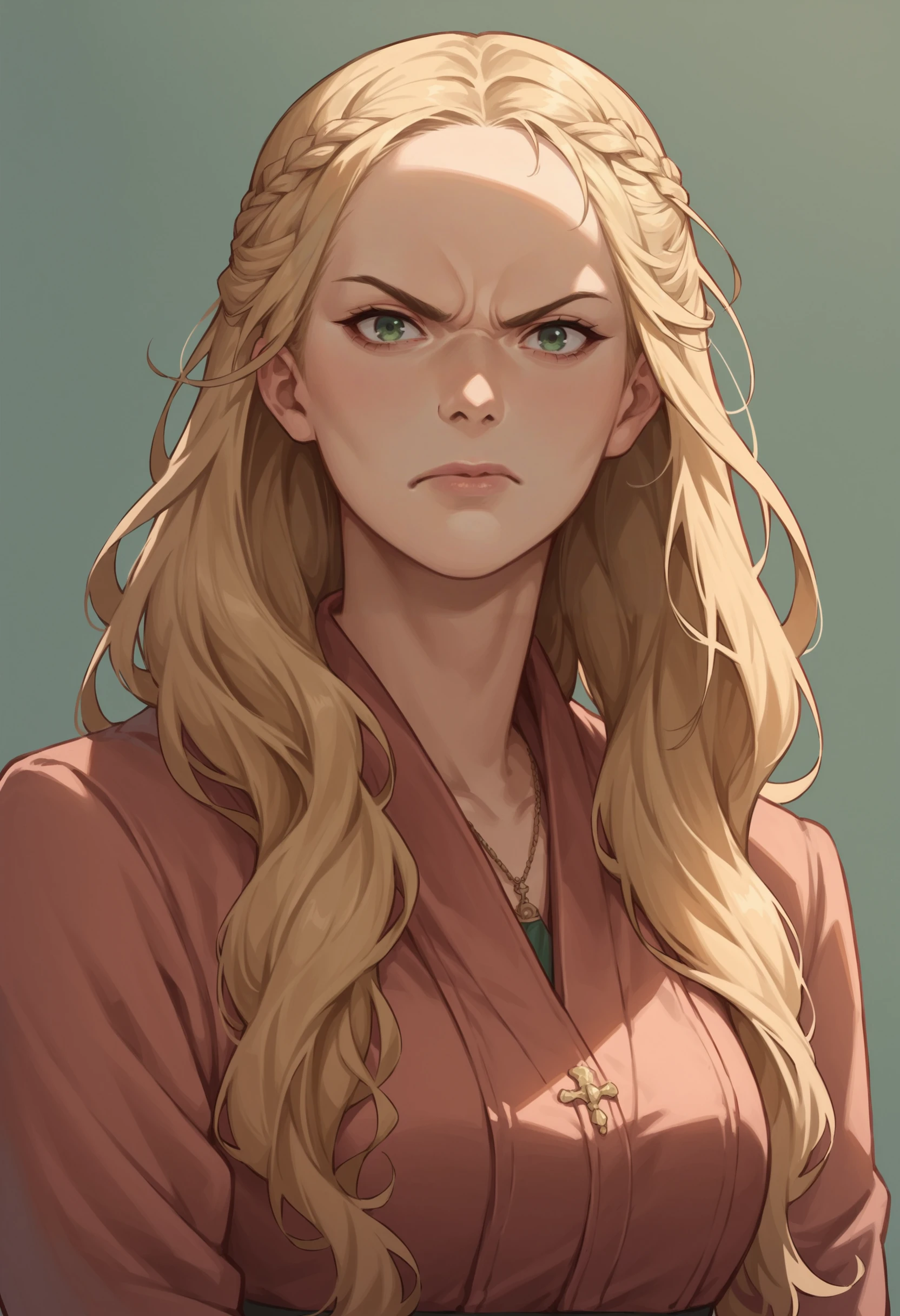 score_9, score_8_up, score_8, source_anime, 1girl, <lora:CerseiLannister_r1:0.95> solo, medium breasts, long hair, blonde hair, green eyes, dress, upper body, angry, looking at viewer,
light blue background, simple background,