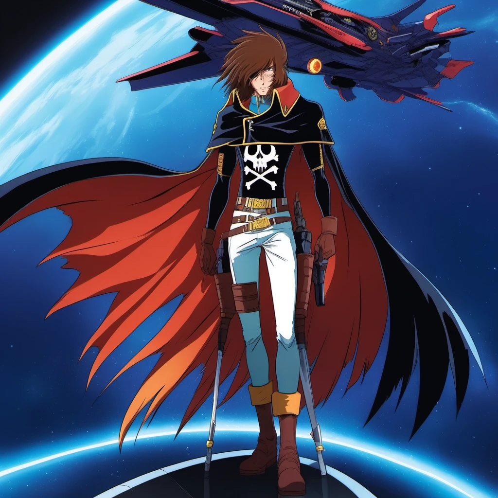 anime artwork a full body man, solo, cape, brown hair,  scar, black gloves,sword, in a spaceship<lora:Albator1024_r1:0.8> . anime style, key visual, vibrant, studio anime,  highly detailed