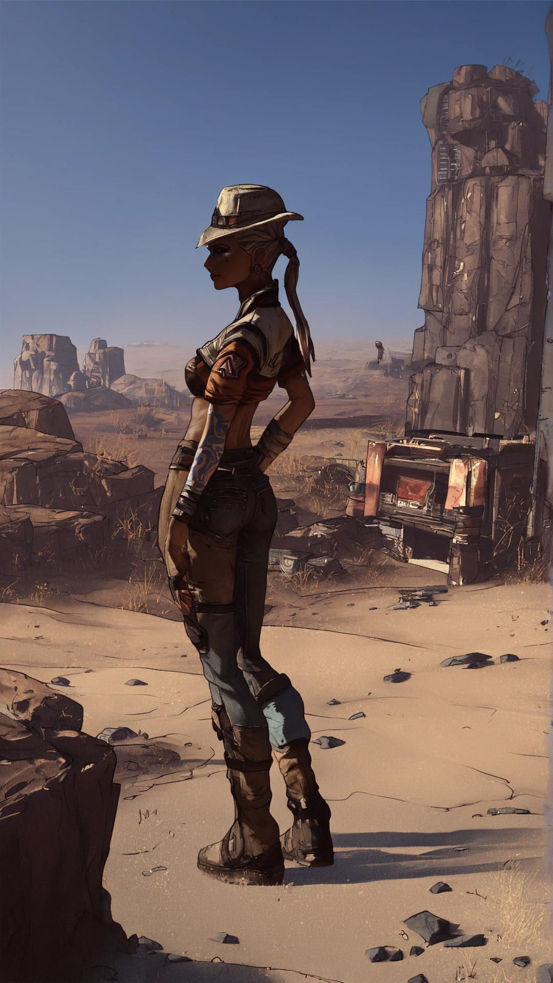 score_9, score_8_up, score_7_up, score_6_up, score_5_up, score_4_up, <lora:2BorderlandsStyle_epoch_8:0.99> borderlands_style, desert, building, 
ponytail, smile, hat, 1girl, dark_skin, , (high quality, detailed, beautiful)