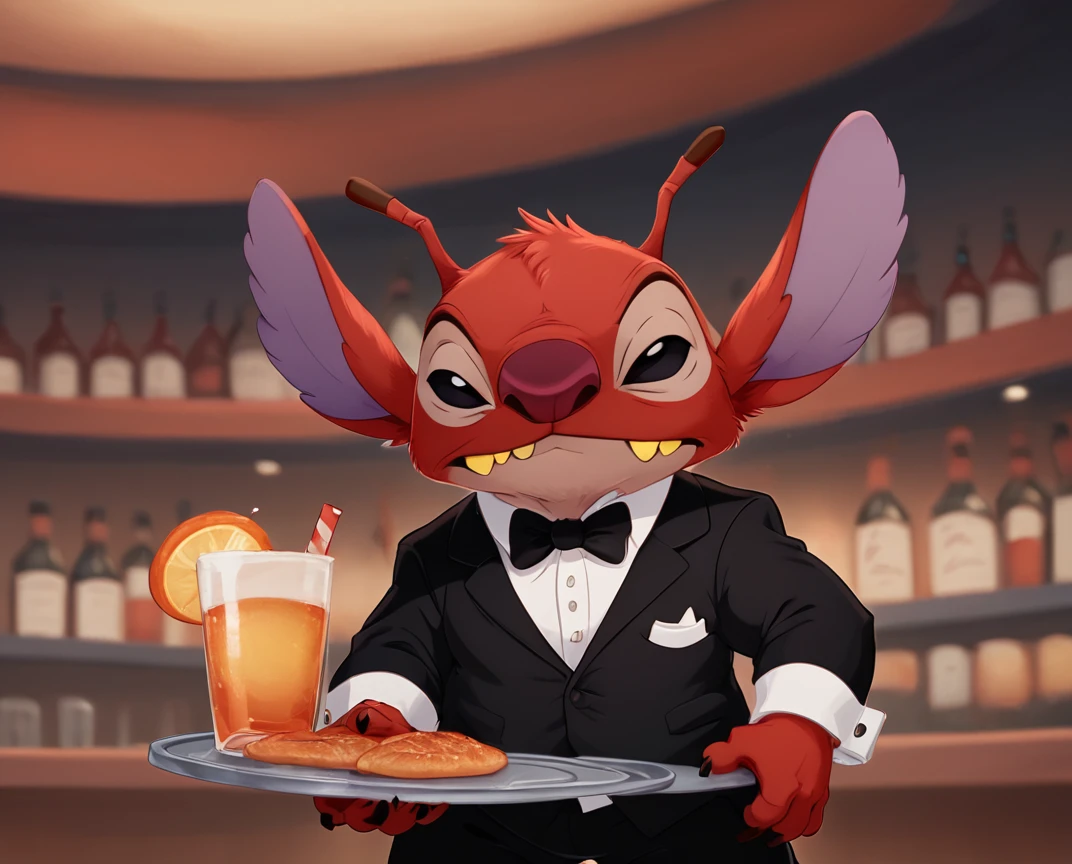 score_9, score_8_up, score_8,   <lora:Leroy_aka_Experiement_627_Leroy_and_Stitch_for_PonyXL:0.8> 1boy, furry, antennae, ler0y, solo, black eyes, waiter, tuxedo, resturant,