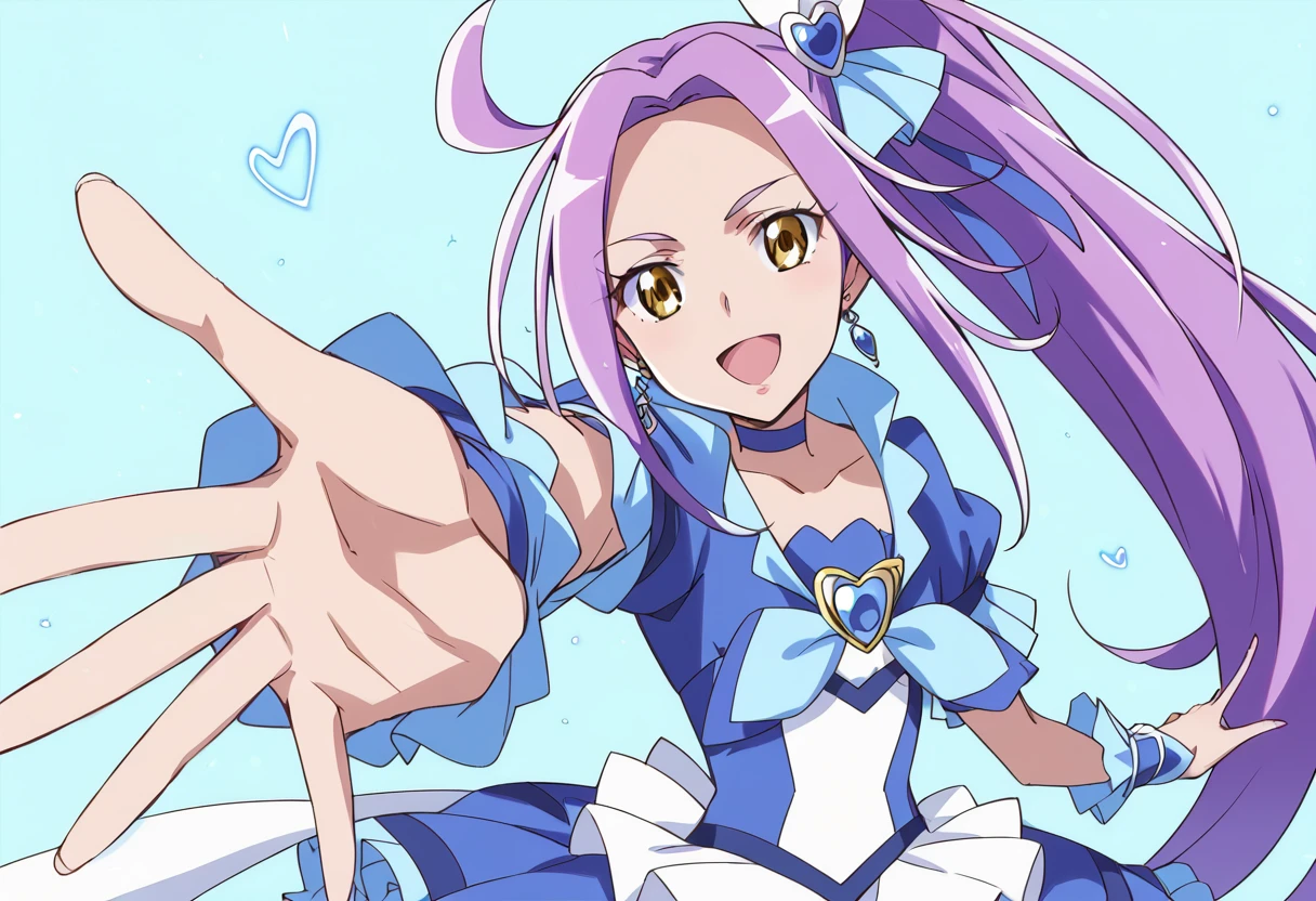 score_9, score_8_up, score_7_up, source_anime BREAK
cure beat, 1girl, solo, purple hair, side ponytail, yellow eyes, jewelry, earrings, blue choker, looking at viewer, smile, brooch, heart hair ornament, blue skirt, eyelashes, open mouth, shiny hair, hairpin, foreshortening, wrist cuffs, hair ribbon, floating hair, blue bow, outstretched arms, collarbone, upper body, outstretched hand, standing, arm warmers, blue dress, frilled sleeves, blue background, long sleeves, detached sleeves, :d, multicolored background, very long hair, cowboy shot, frilled skirt, outstretched arm, blue neckwear, brown eyes, ponytail, spread arms, happy, anime coloring, blue shirt, parted bangs, high ponytail, perspective
<lora:cure_beat_kurokawa_eren_sdxl_locon_pony_v1:0.7>