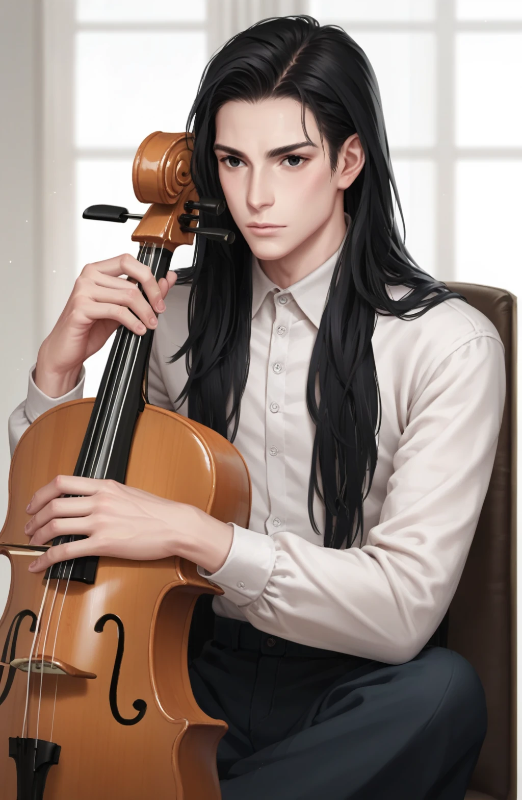 score_9,score_8_up,score_7_up male, black hair, long hair, pale skin, black eyes, sitting, playing on the cello <lora:ivo pony:0.85> ivo