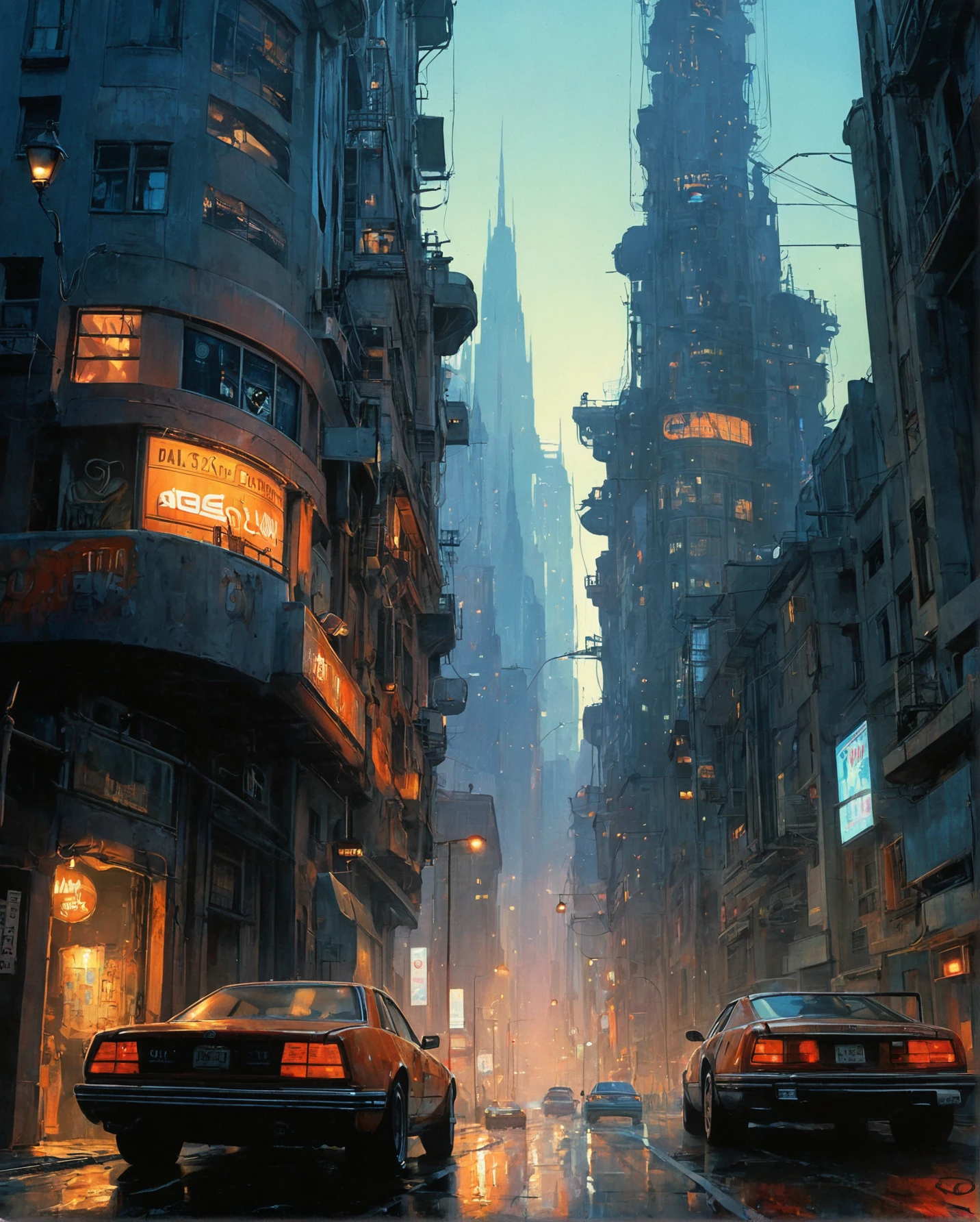 enki bilal,philippe druillet,moebius inspired euro sci-fi art "a dystopian cityscape at twilight, skyscrapers draped in neon lights piercing the misty air, hover cars threading their way through the buildings, and at the ground level, a blend of high-tech robotics and destitute humanity", the contrast in colors and textures should be distinct highly detailed,grainy texture,surreal,retro-futuristic,dramatic lighting