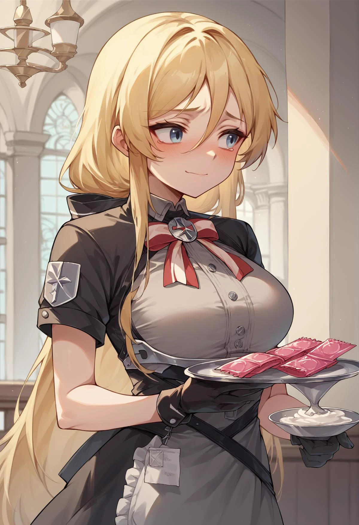 1girl, long hair, blonde hair, blue eyes, low ponytail, maid, grey shirt, short sleeves, skirt, apron, gloves, ribbon, thigh boots, thigh strap, holding tray, indoors, mansion, blushing, looking to the side, nervous smile, closed mouth, holding condom wrapper,  <lora:Bismark_XL:1>, score_9, score_8_up, score_7_up, score_6_up, score_5_up, score_4_up, (m-da s-tarou:0), masterpiece