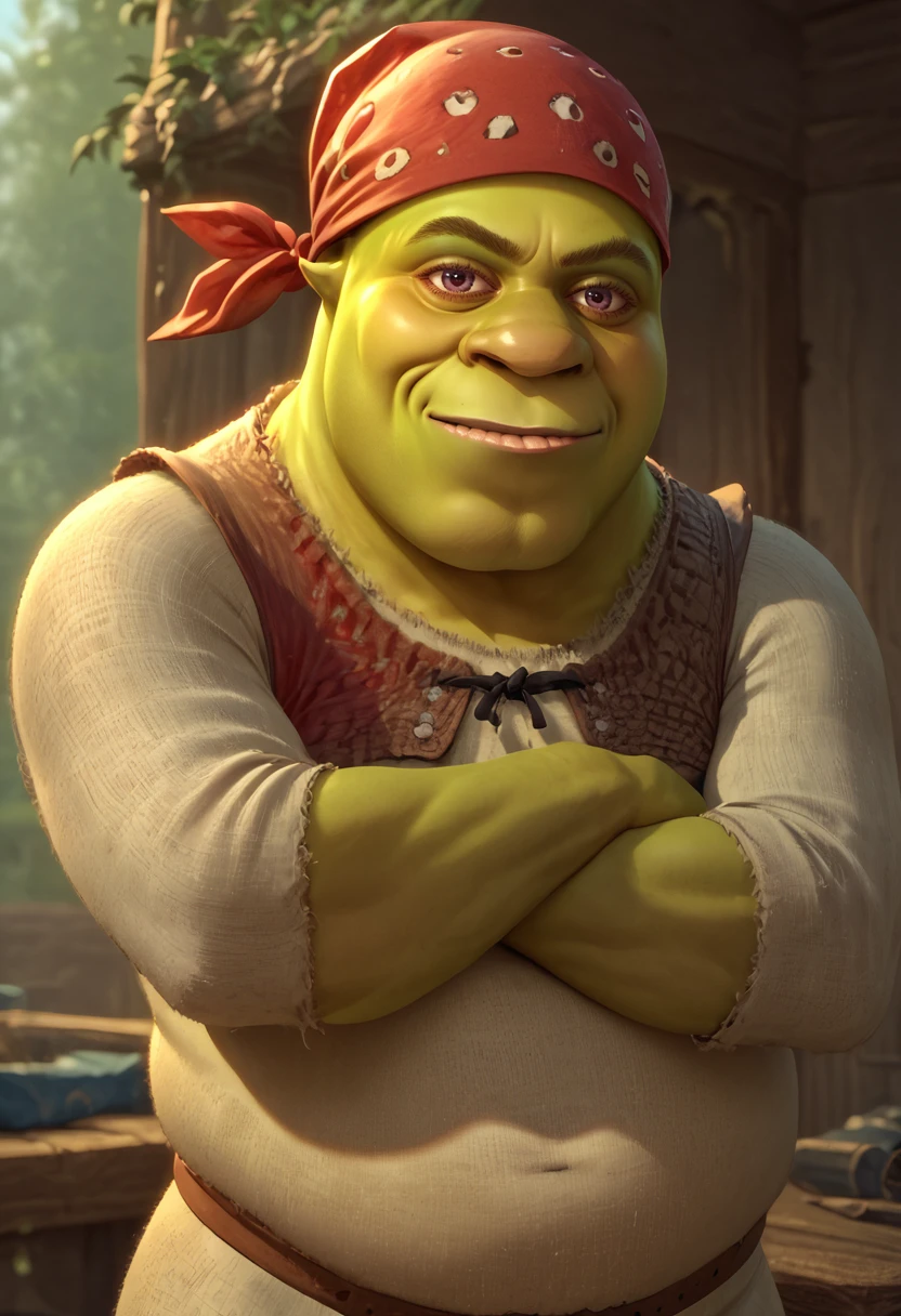 score_9, score_8_up, score_7_up, detailed, red bandana, <lora:RicardosBandana_XLPD-000004:1>, <lora:Shrek_XLPD:1> shrek, green skin, cowboy shot, looking at viewer, smirk, crossed arms, fat man,