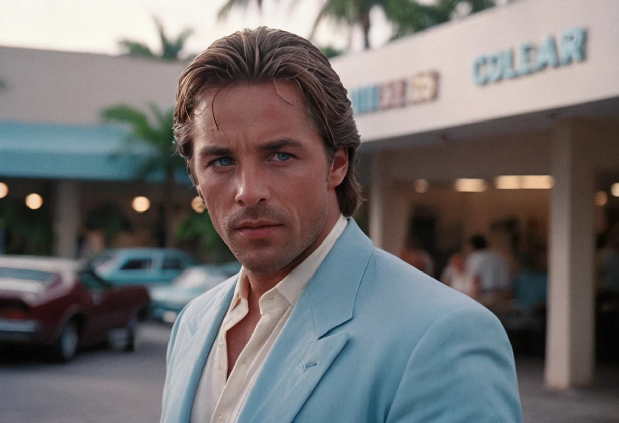 cinematic film still Sonny Crockett, blue eyes, MiamiVice, outdoors, shop . shallow depth of field, vignette, highly detailed, high budget, bokeh, cinemascope, moody, epic, gorgeous, film grain, grainy