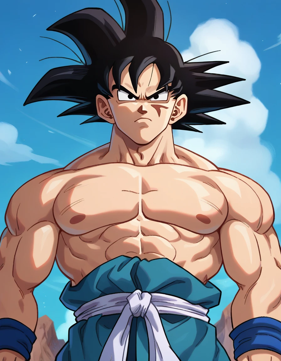 score_9, score_8_up, score_7_up,
gokuxl, solo,1boy,  black eyes, looking at viewer,
 pectorals, wristband, sash, blue dougi, serious, portrait, battle damage, topless, from below, 
<lora:gokuxl-000004:1>,