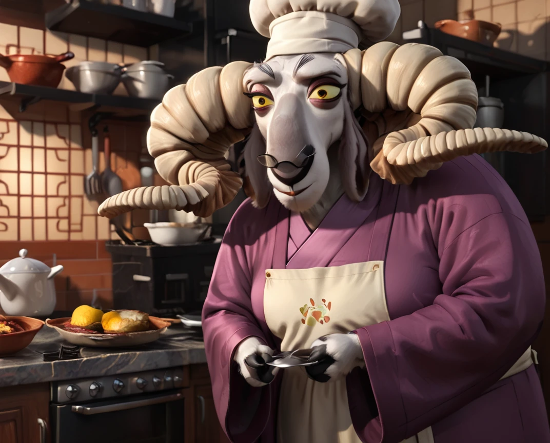 score_9, score_8_up, score_8,    <lora:Soothsayer_Kung_Fu_Panda_2_for_PonyXL:0.8> horns, old lady, soothsayer, goat girl, furry, yellow eyes, robe, kitchen, cooking, apron, chef hat