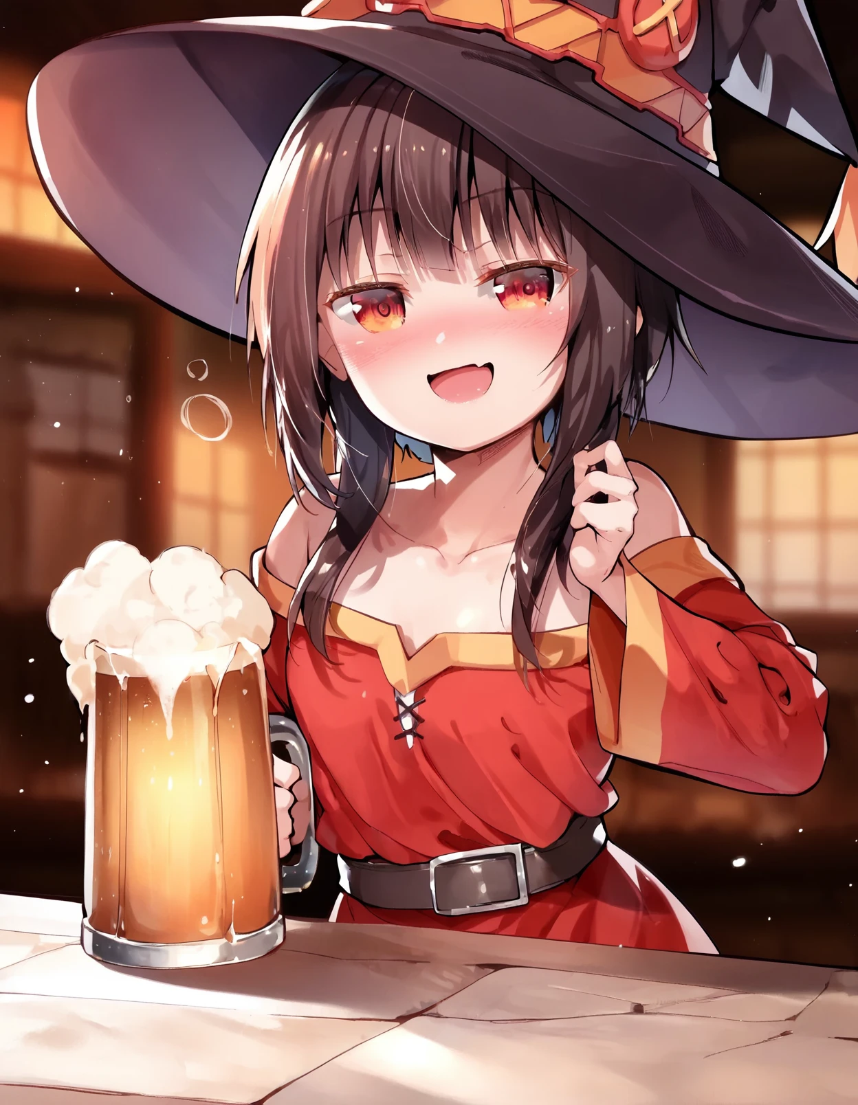 score_9,score_8_up,score_7_up,score_6_up,score_5_up,score_4_up, 1girl drunk in a tavern, smug, open mouth, red dress, witch hat, (megumin:0.8), beer mug, long sleeves,
<lora:hibari_style_pony6_v1-000034:1.3>