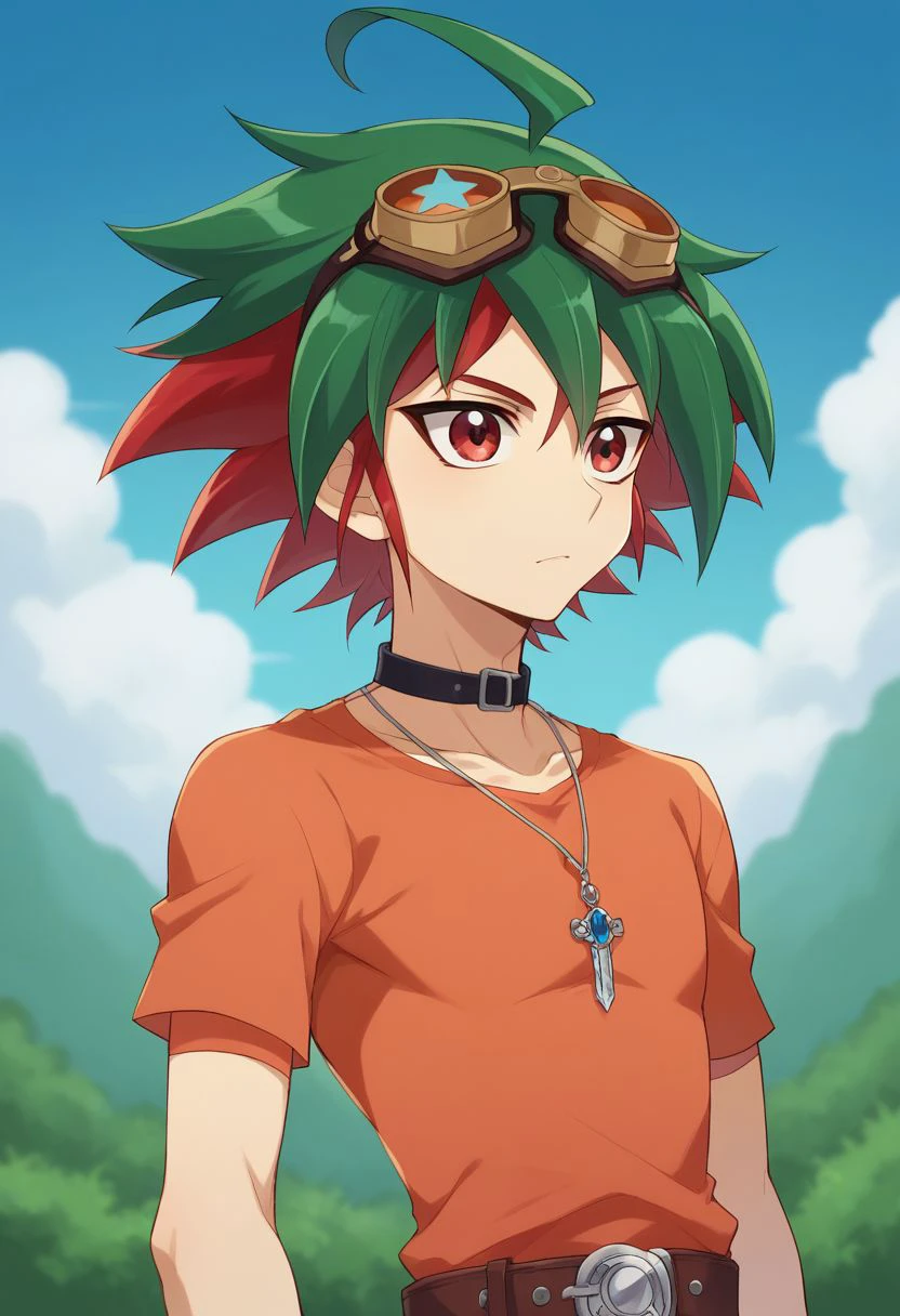 score_9, score_8_up, score_7_up, source_anime, highly detailed, 
yuya, 1boy, male focus, red hair, solo, ahoge, goggles, green pants, green hair, bangs, dyed bangs, pants, red eyes, choker, shirt, multicolored hair, short sleeves, orange shirt, pendant, jewelry, spiked hair, belt,
outdoor, blue sky, upper body,