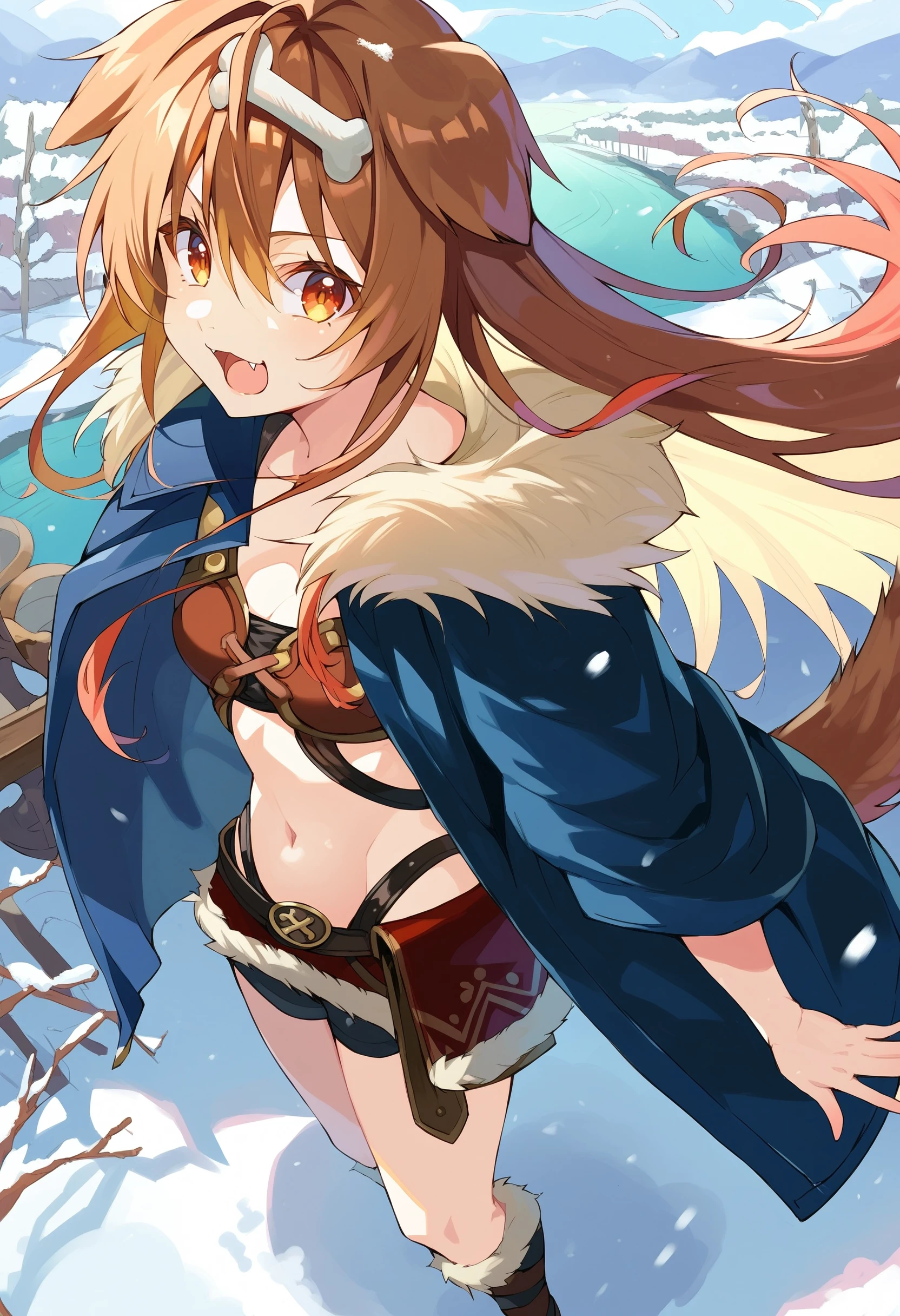 inugami korone viking, 1girl, bone hair ornament, solo, dog girl, dog ears, dog tail,
fur trim, dark blue coat, hair between eyes, very long hair, open clothes, navel, wind,
looking at viewer, open mouth, fang, :d,
outdoors, snow, scenery,
from above, 
score_9, score_8_up, score_7_up, score_6_up, source anime,
<lora:inugami_korone_v21:1>