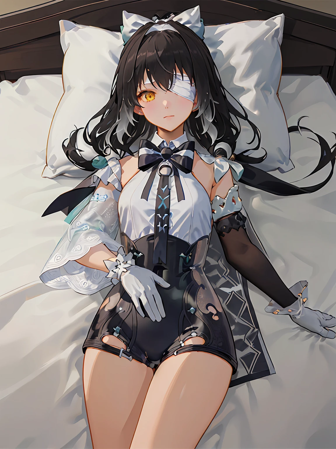 MAUXIR, leotard, asymmetrical_sleeves,  single_gloves,  bowtie, hair_bow, yellow_eyes, eyepatch, two-tone_hair,  long hair,  black hair,  cowboy shot,  1girl, solo,  looking at viewer, lying on bed,  day, indoors,  (masterpiece,best quality,beautiful and aesthetic:1.2), <lora:MAUXIR-V3:1>