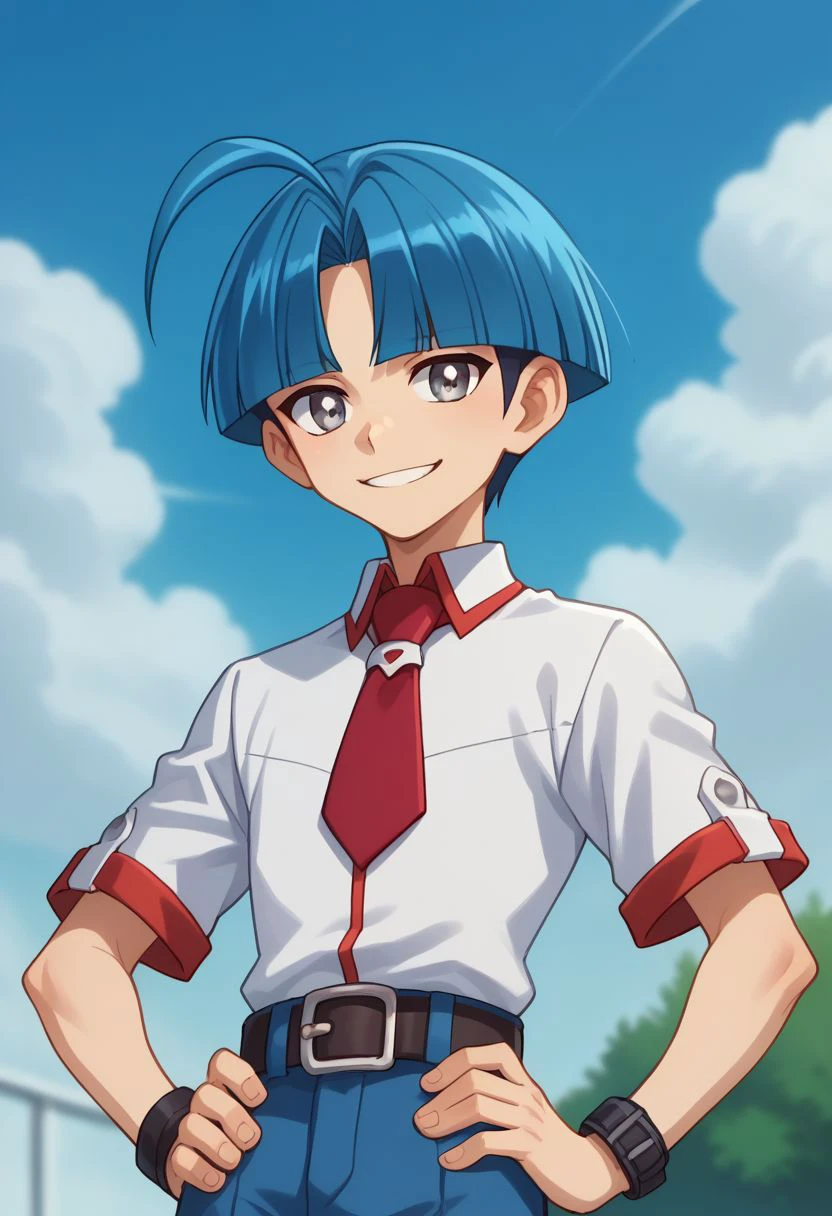 score_9, score_8_up, score_7_up, source_anime, highly detailed, 
caswell, 1boy, male focus, solo, blue hair, necktie, ahoge, red necktie, grey eyes, smile,
belt, shirt, school uniform, bangs, looking at viewer, hand on hip, blue pants, pants, white shirt,
outdoor, sky, upper body,