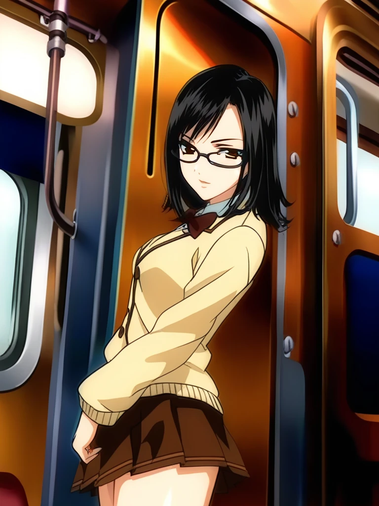 a woman,magane,looking at viewer, glasses,  cardigan,bowtie,pleated skirt, <lora:magane:0.95>,brown skirt,long sleeves, microskirt, inside train,sleeves above the fingers,black hair,