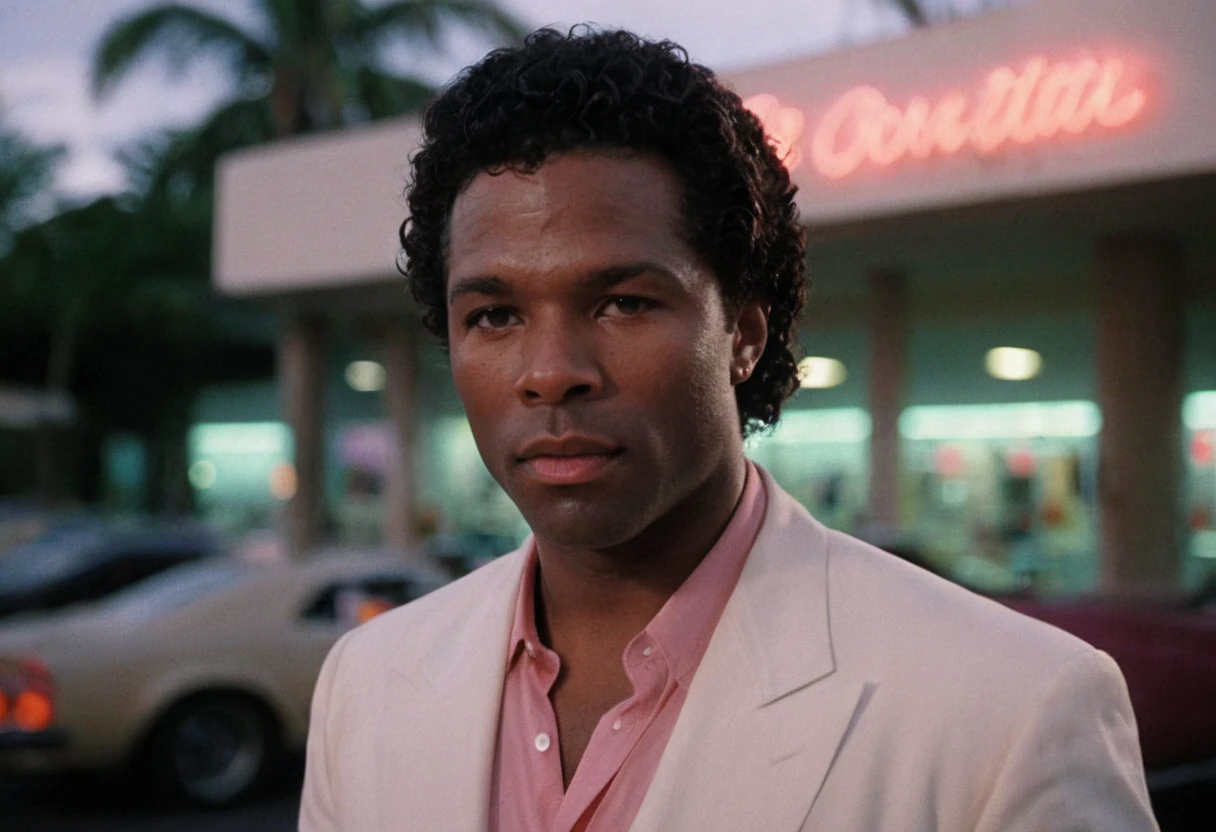 cinematic film still Rico Tubbs, MiamiVice, outdoors, shop . shallow depth of field, vignette, highly detailed, high budget, bokeh, cinemascope, moody, epic, gorgeous, film grain, grainy