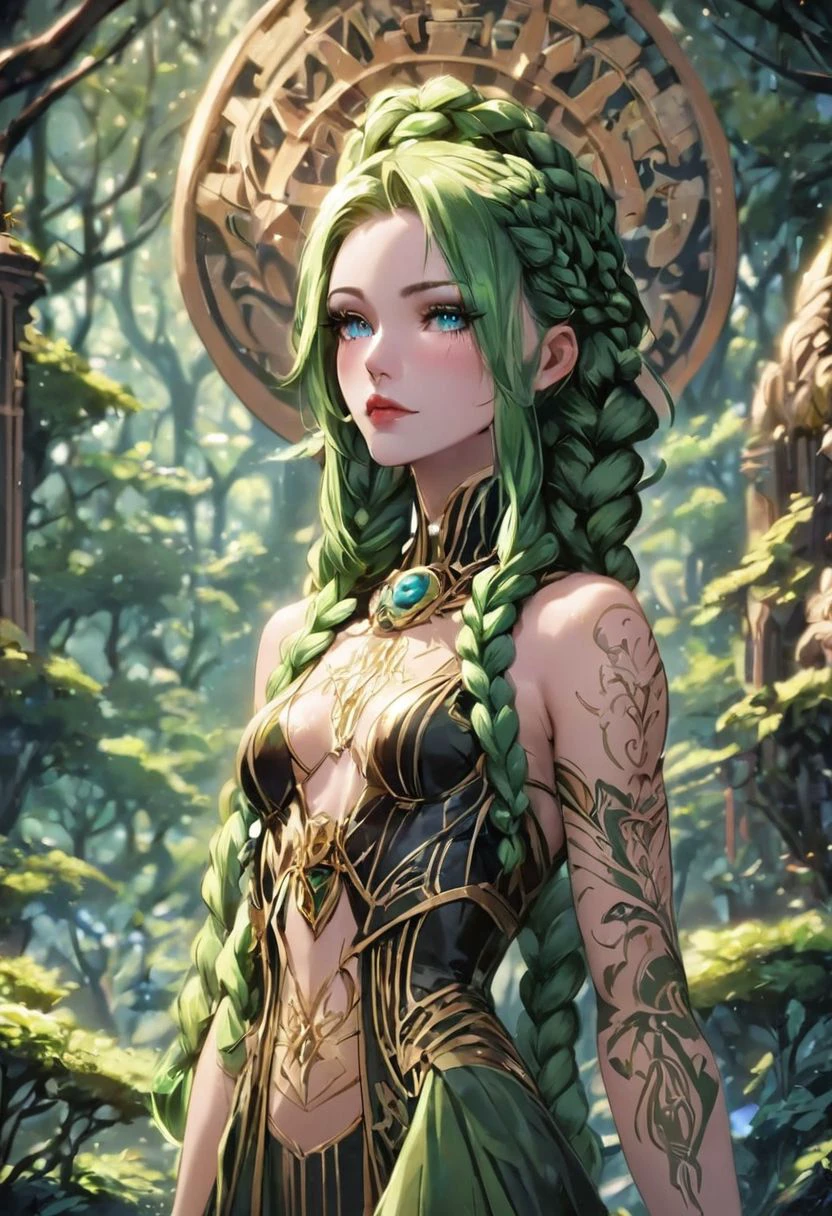 score_9, score_8_up, score_7_up, source_anime, BREAK, fantasy art deco, cinematic color grading, anime style, 1girl, woman, dark sorceress, (intricate tattoos:1),(huge opulent crown:1),(very high collar:1), bombshell hair, forest green hair with forest green highlights, Dutch Infinity Braid,twin braids, toned body, athletic build, narrow waist, small breasts, albino, (Illusory,epic scifi city at the beginning of the universe:1)