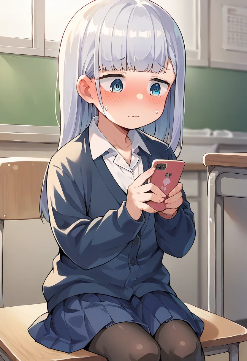 score_9, score_8_up, score_7_up, source_anime, masterpiece, 1girl, ctianaharen, jitome, school uniform, collared shirt, cardigan, blue skirt, black pantyhose, phone, holding phone, nervous, blush, sweatdrop, indoors,  <lora:Reinaaharen_pony_ct:0.9>